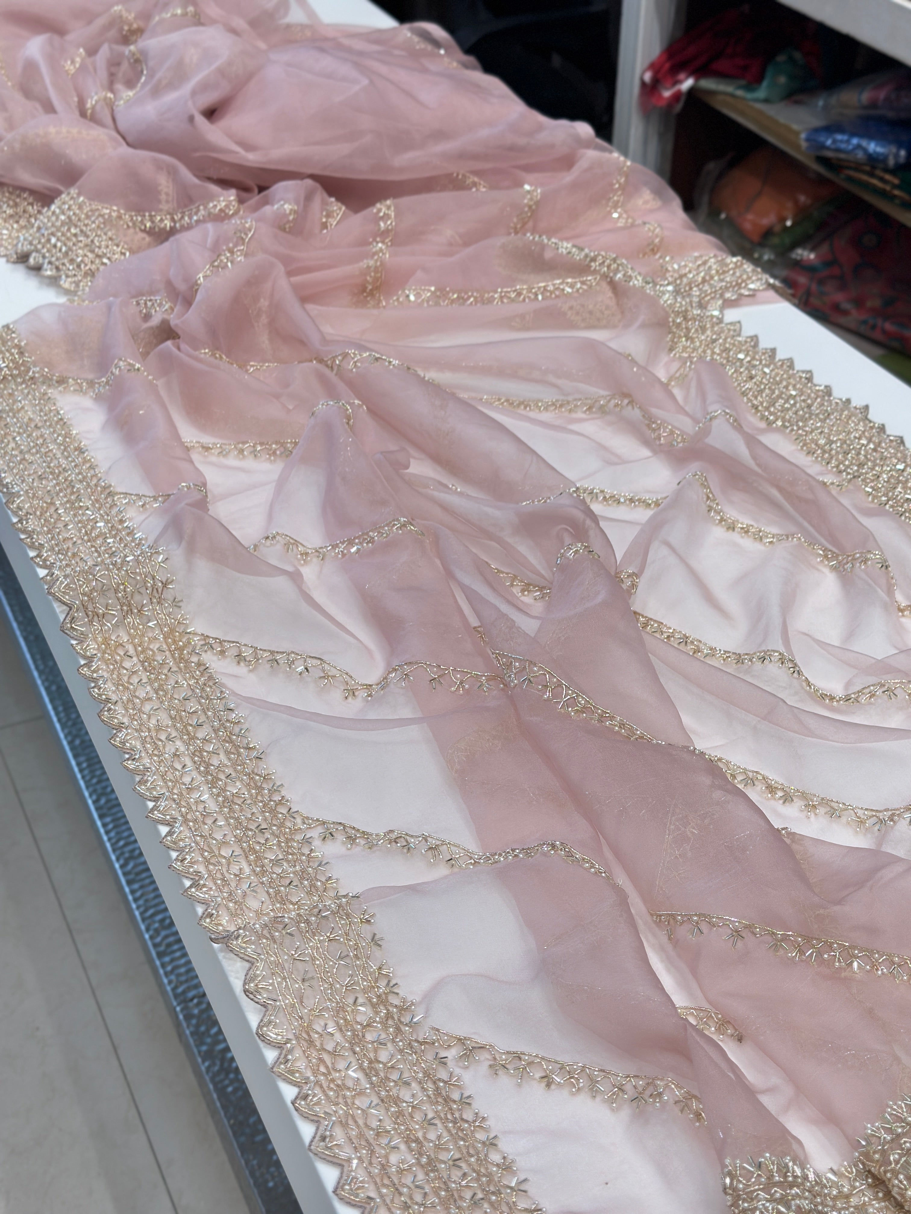 Nude Pink Organza Zardosi Embroidery Saree