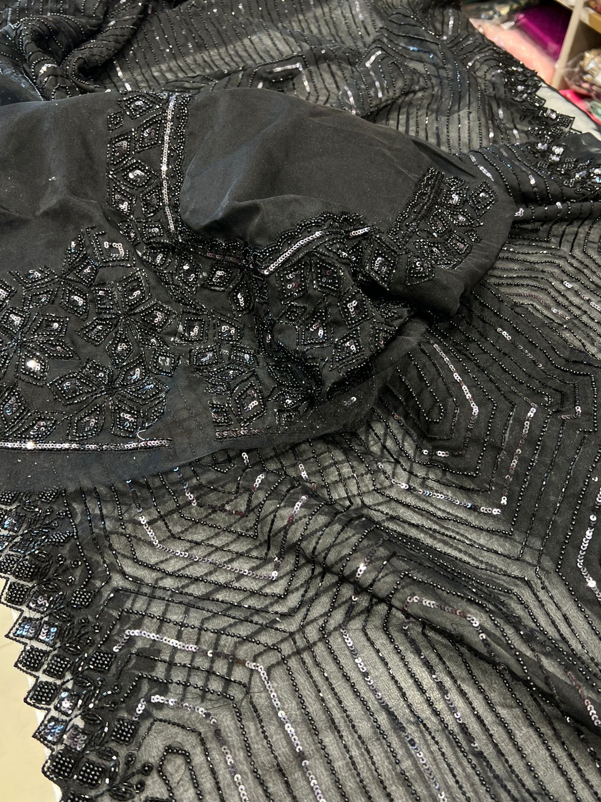 Black Organza Sequin Moti Embroidery Saree