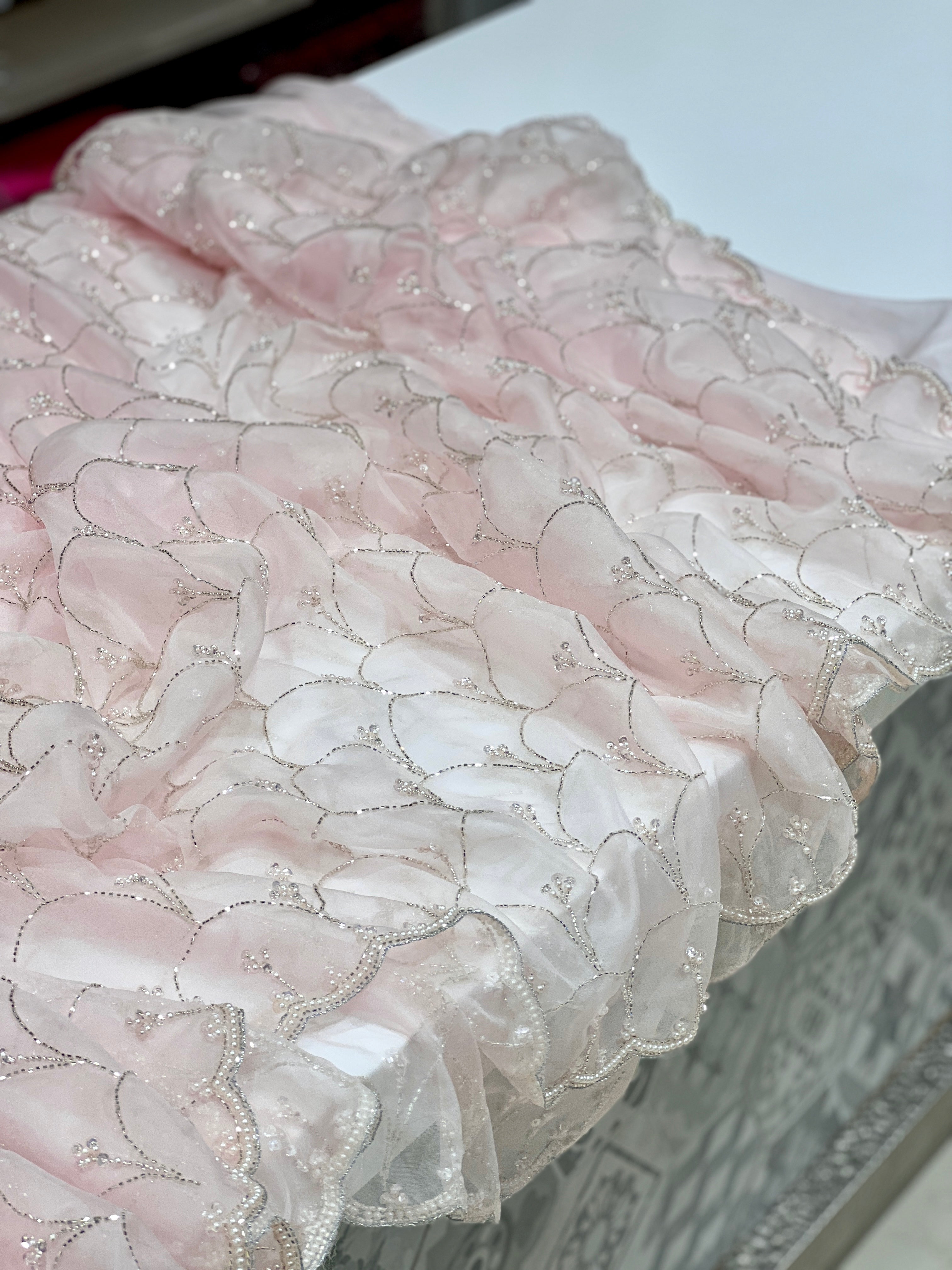 Pink Organza Moti Sequin Hand Embroidery Saree