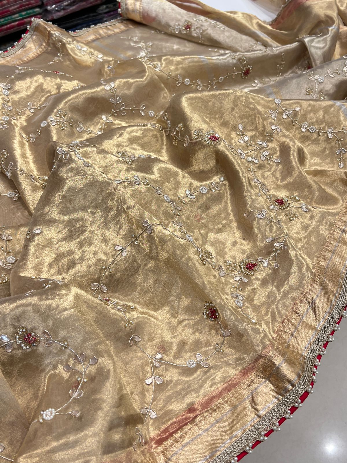Gold Handloom Tissue Red Resham Zardosi Hand Embroidery Saree