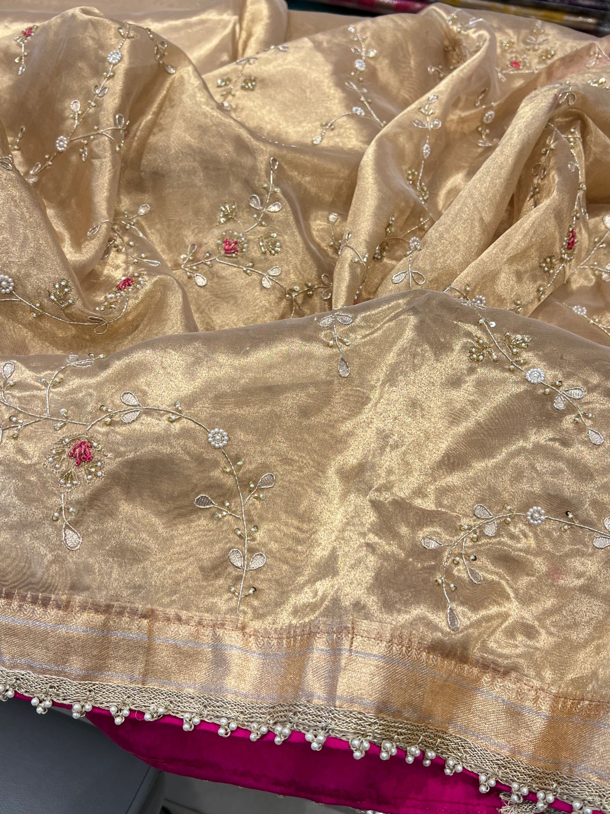 Tissue Rani Pink Hand Embroidery Saree