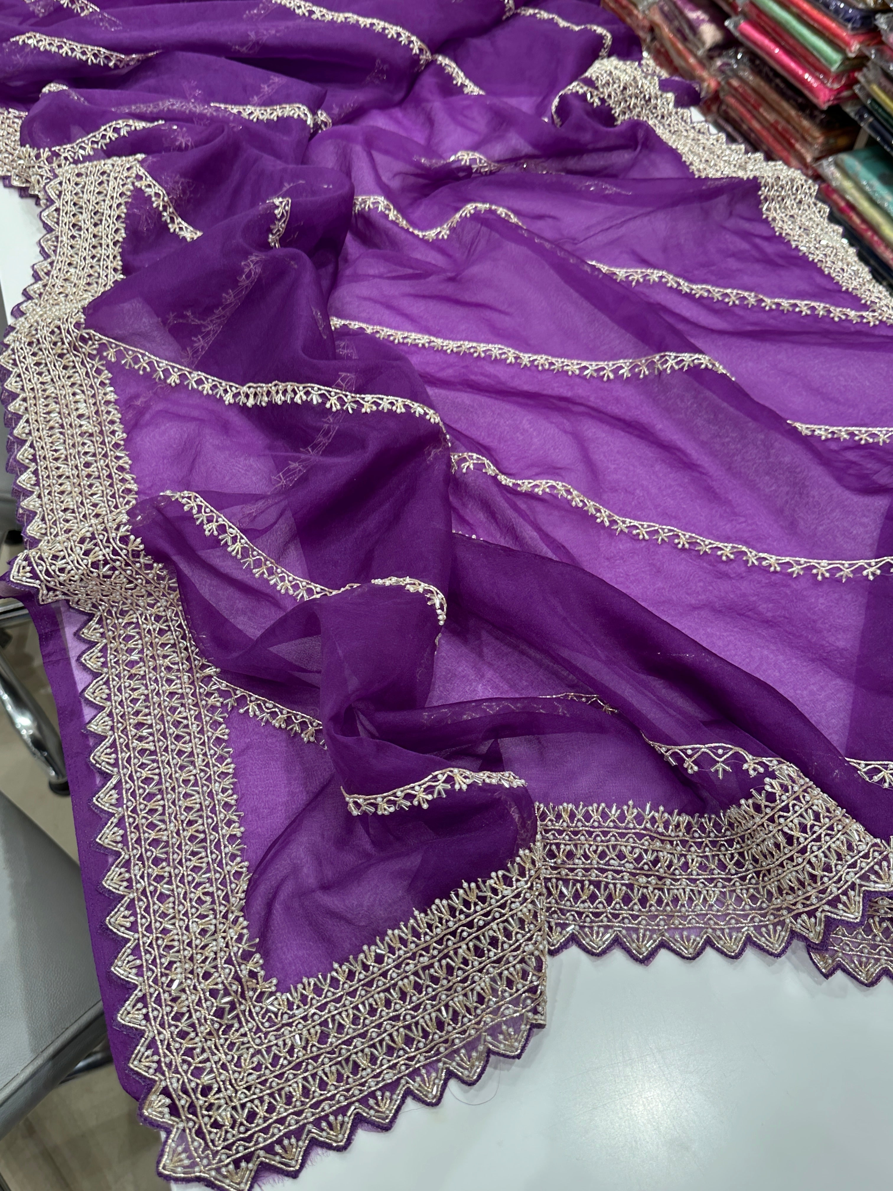 Violet Organza Zardosi Hand Embroidery Saree