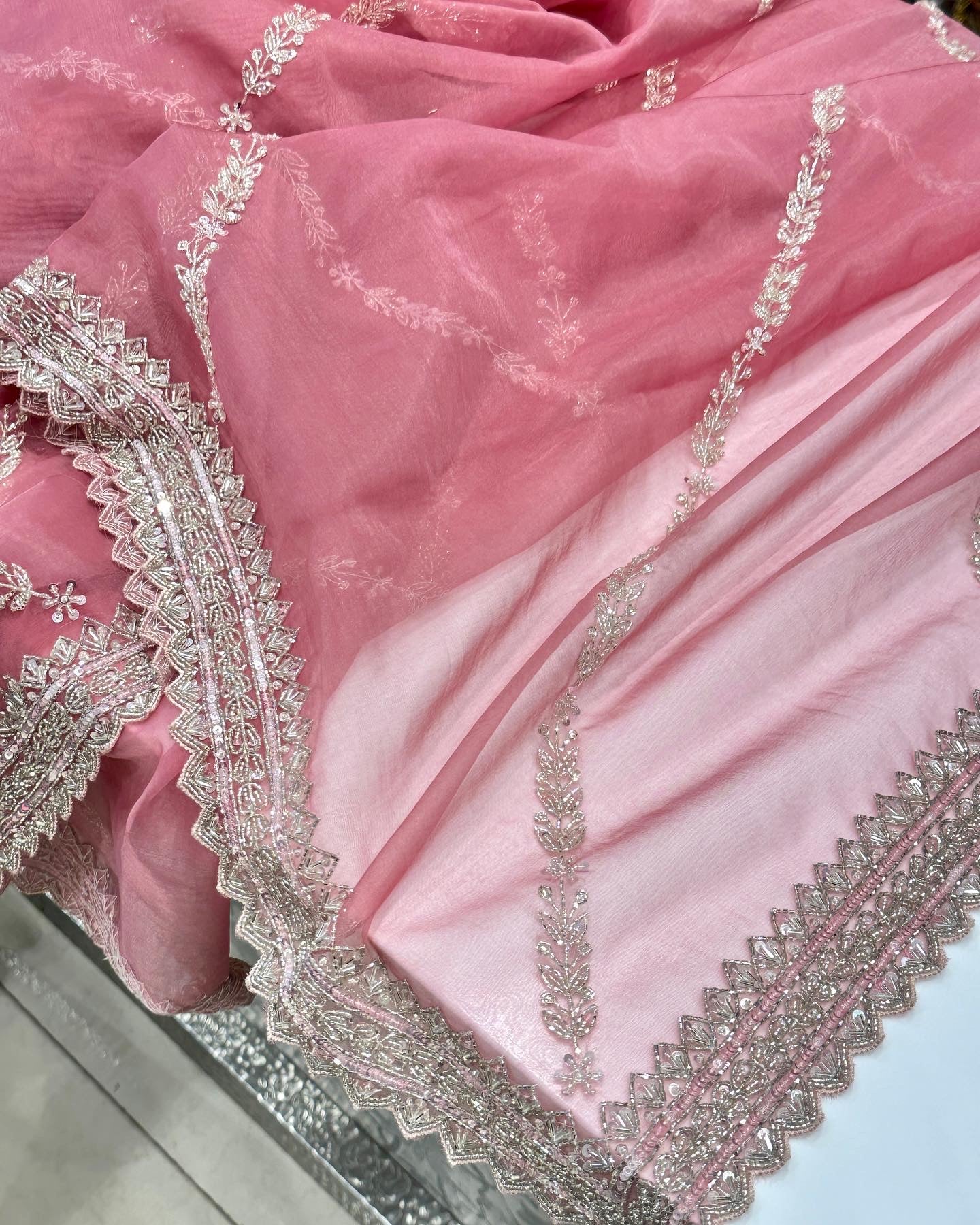 Nude Pink Organza Hand Embroidery Saree Heavy Blouse