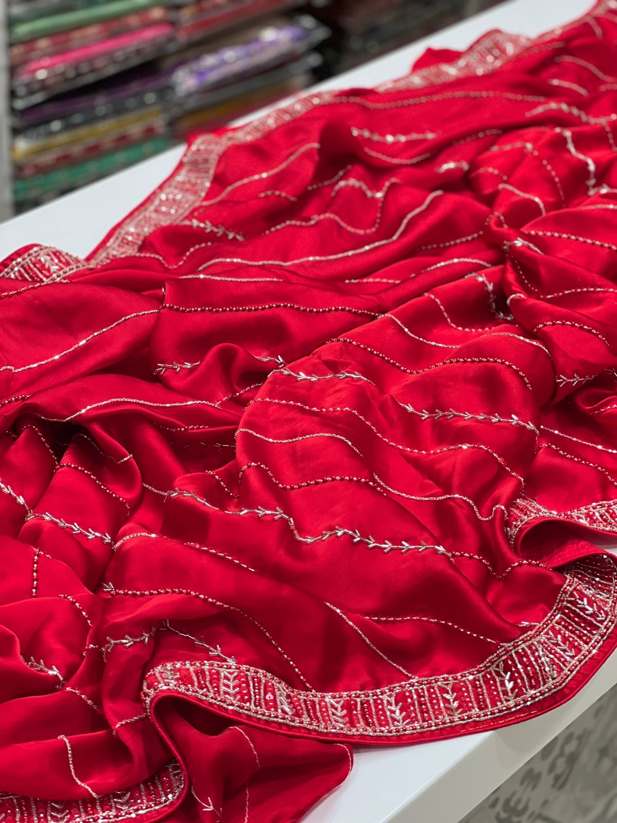 Red Satin Organza Hand Embroidery Saree