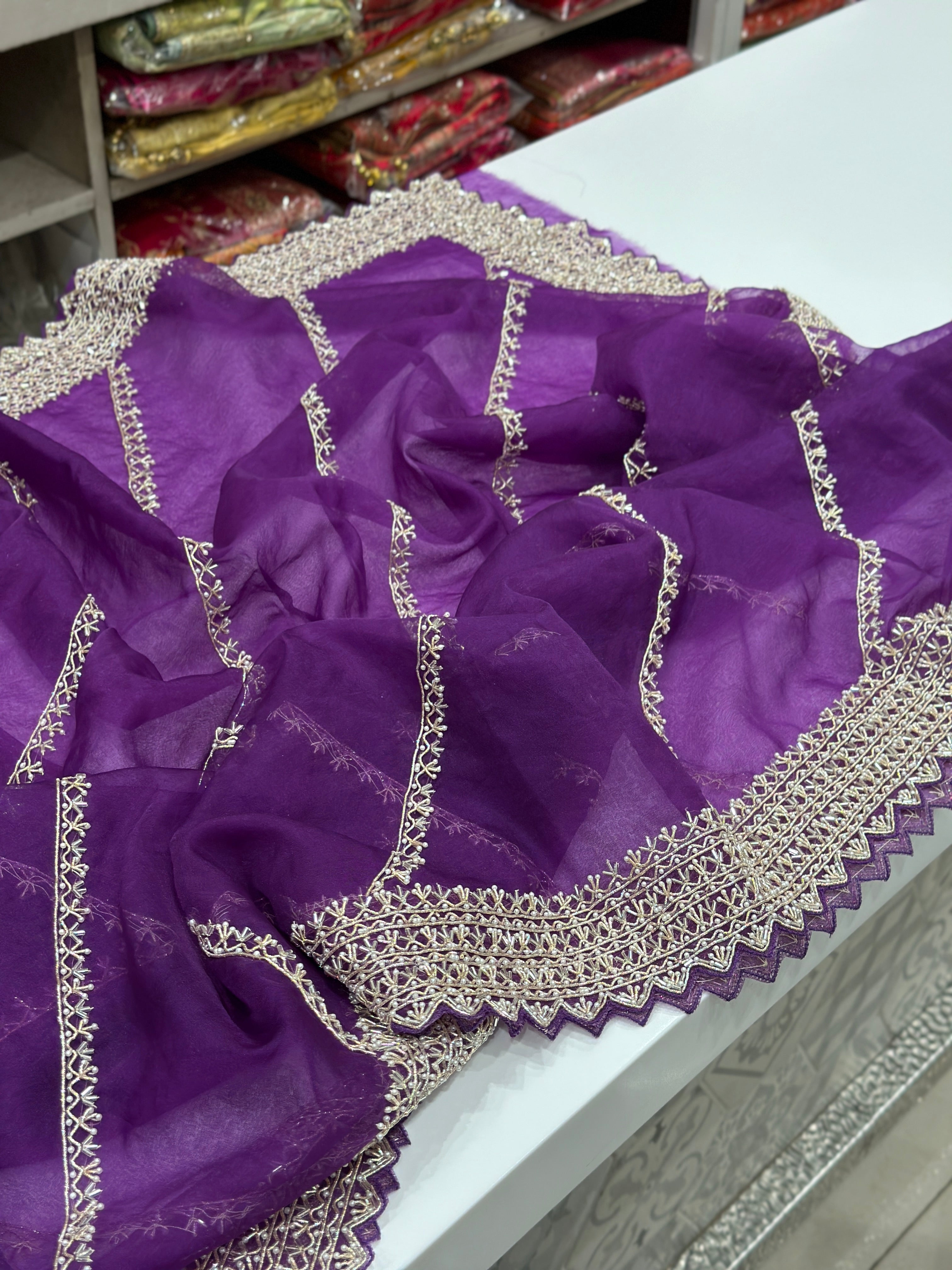 Violet Organza Zardosi Hand Embroidery Saree