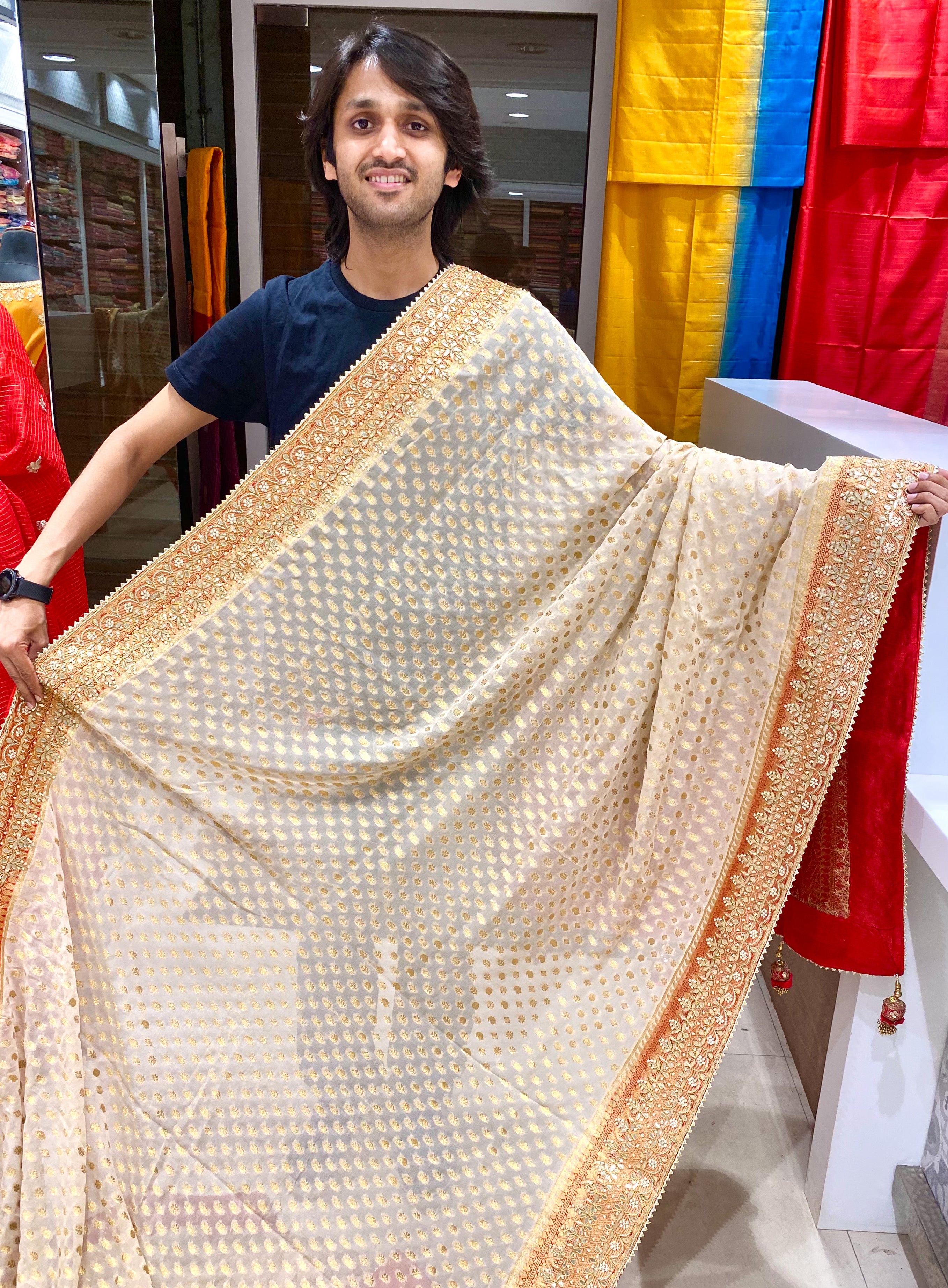Beige Maroon Buttis Georgette Gotapatti Saree