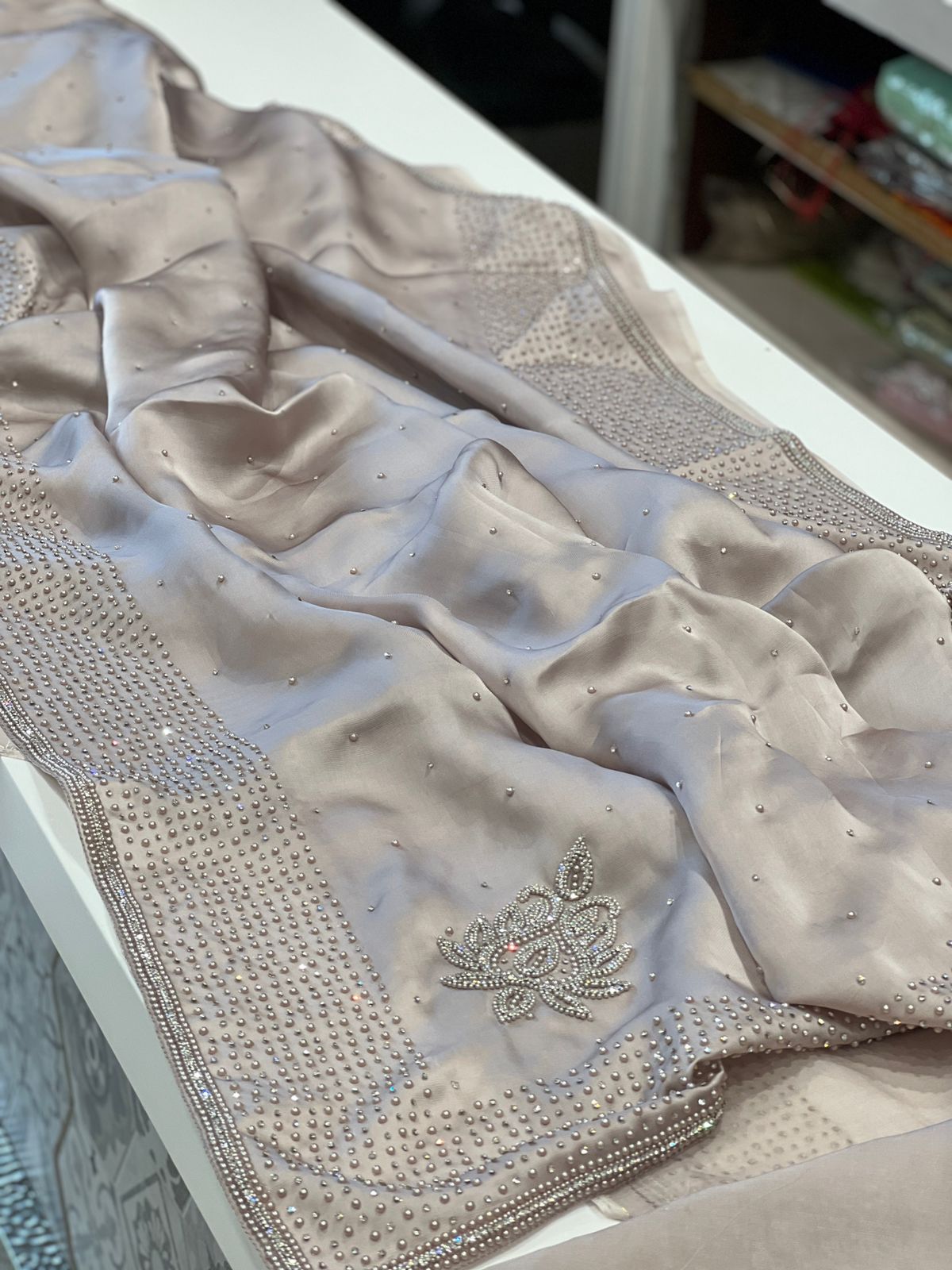 Champagne Satin Organza Moti Embroidery Saree
