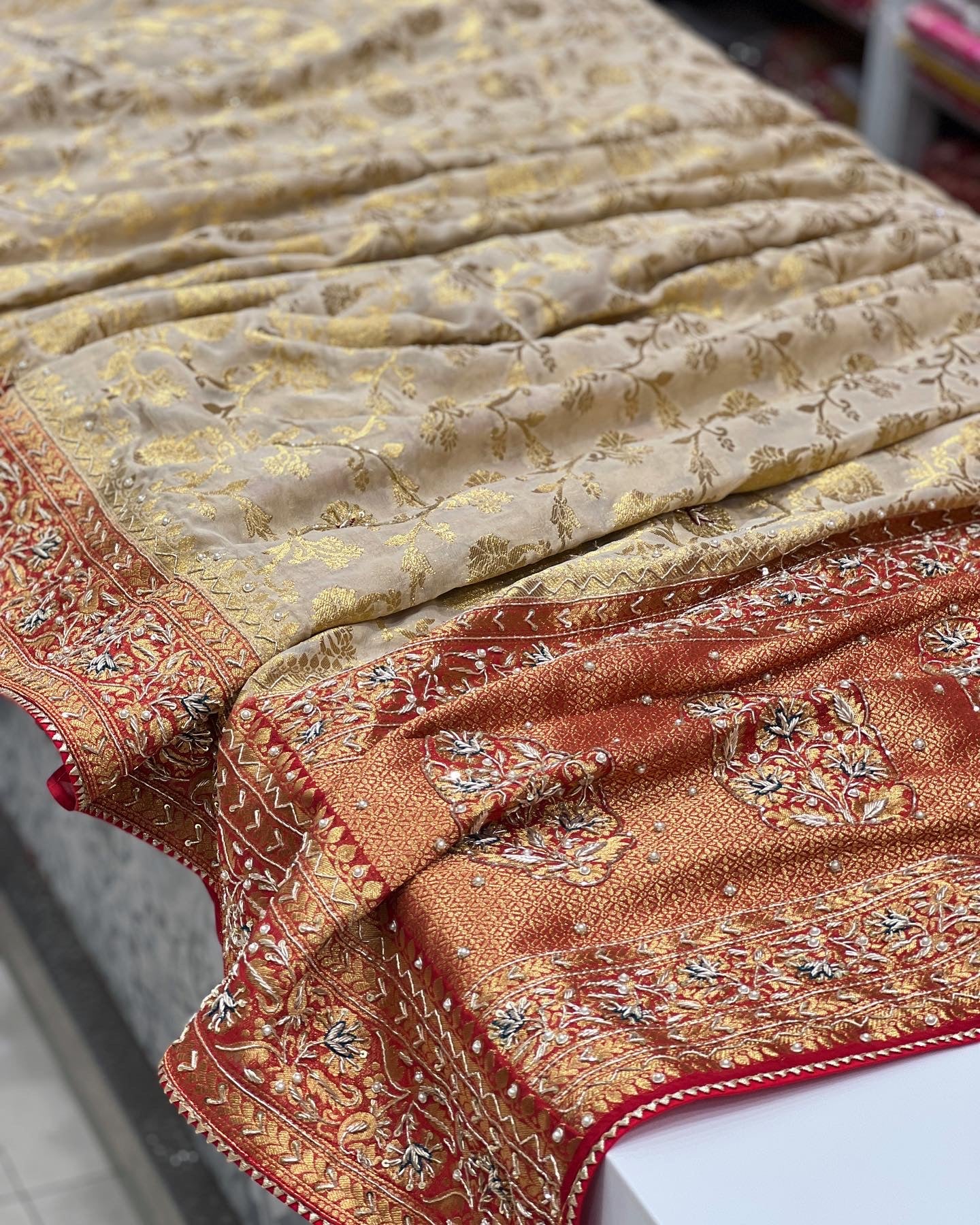Beige Red Banarasi Khaddi Georgette Zardosi Saree