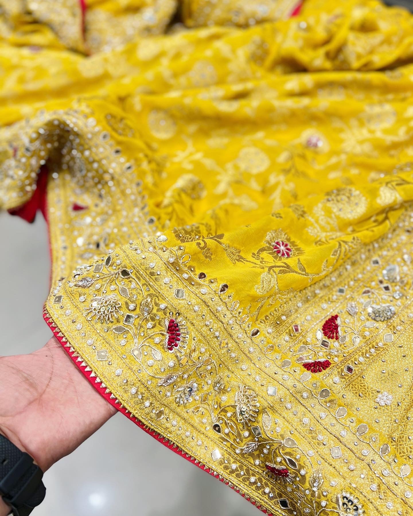 Yellow Banarasi Georgette Mirror Resham Embroidery Saree