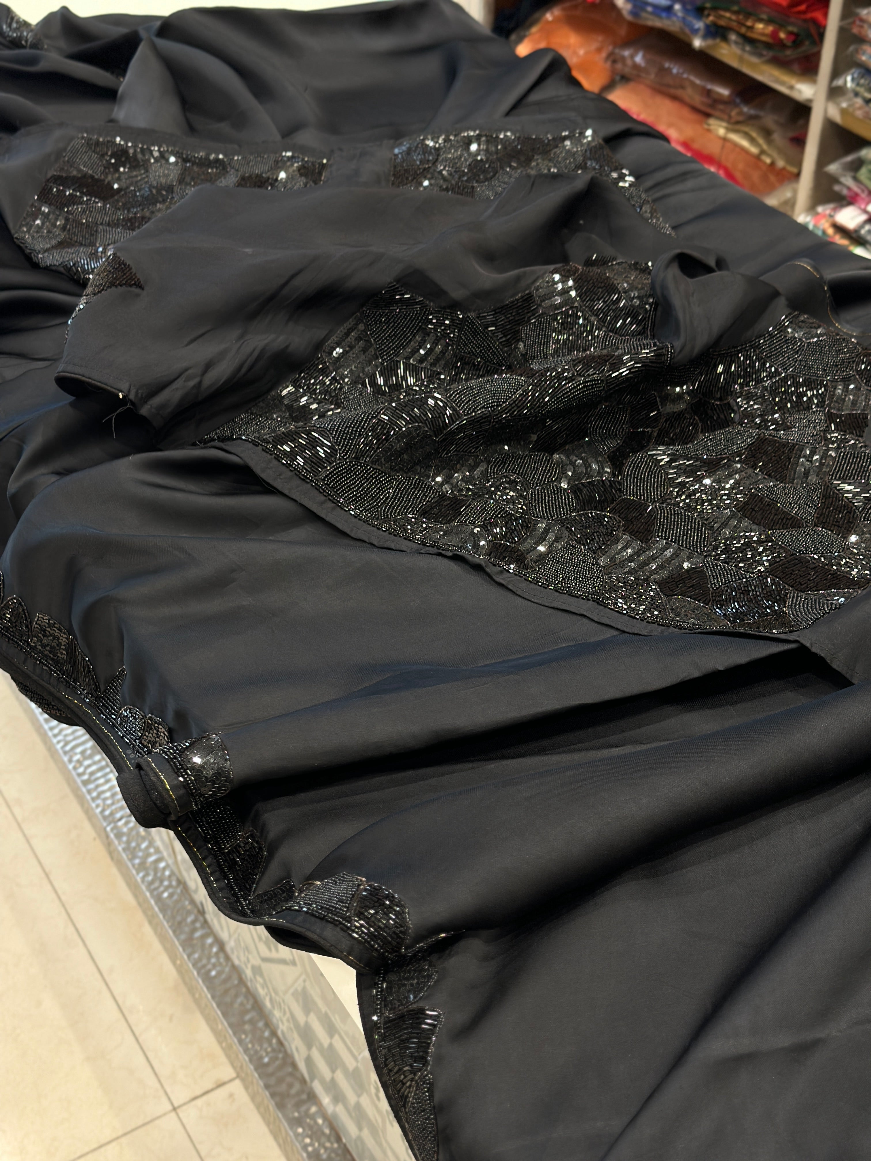 Black Satin Organza Heavy Blouse Saree
