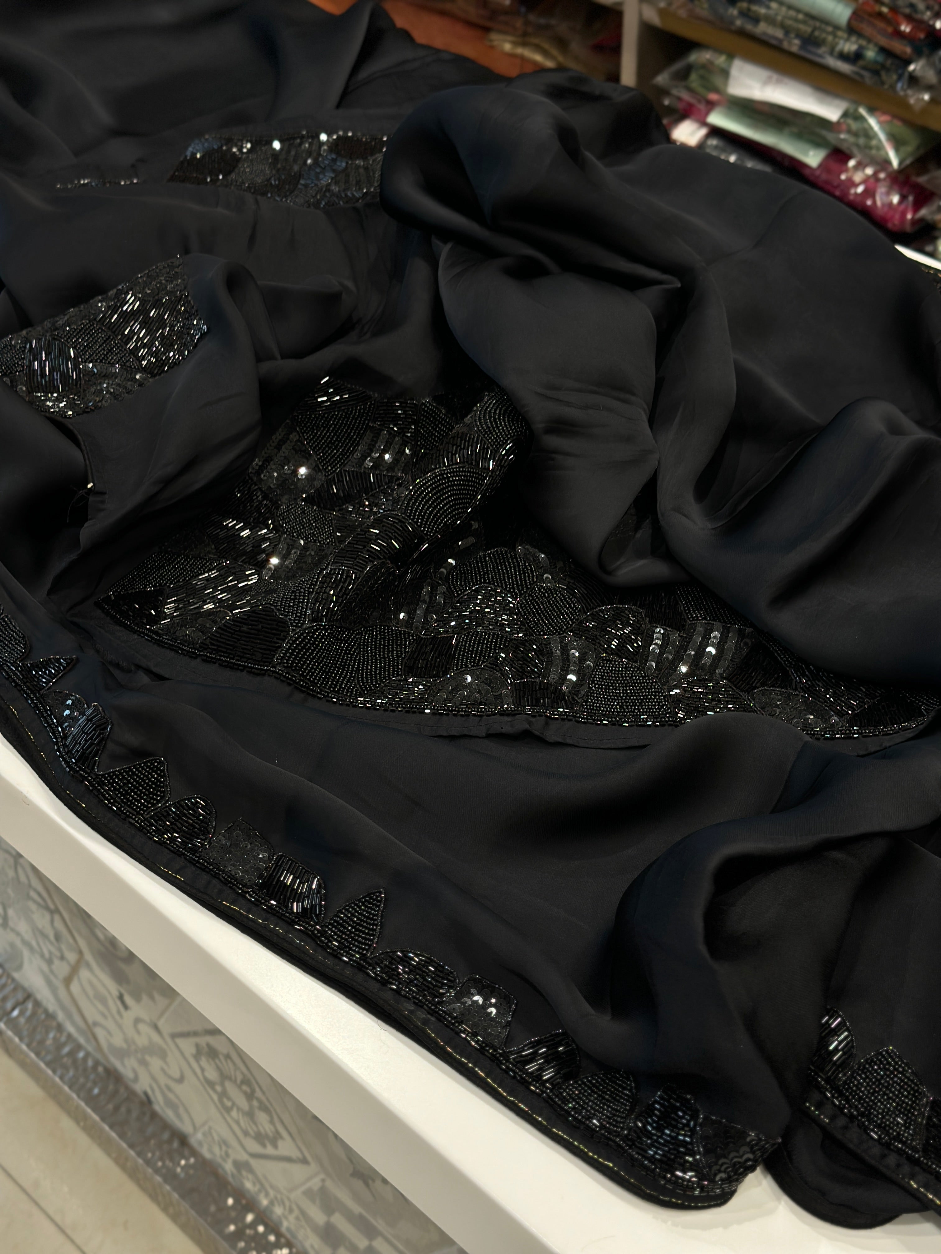 Black Satin Organza Heavy Blouse Saree