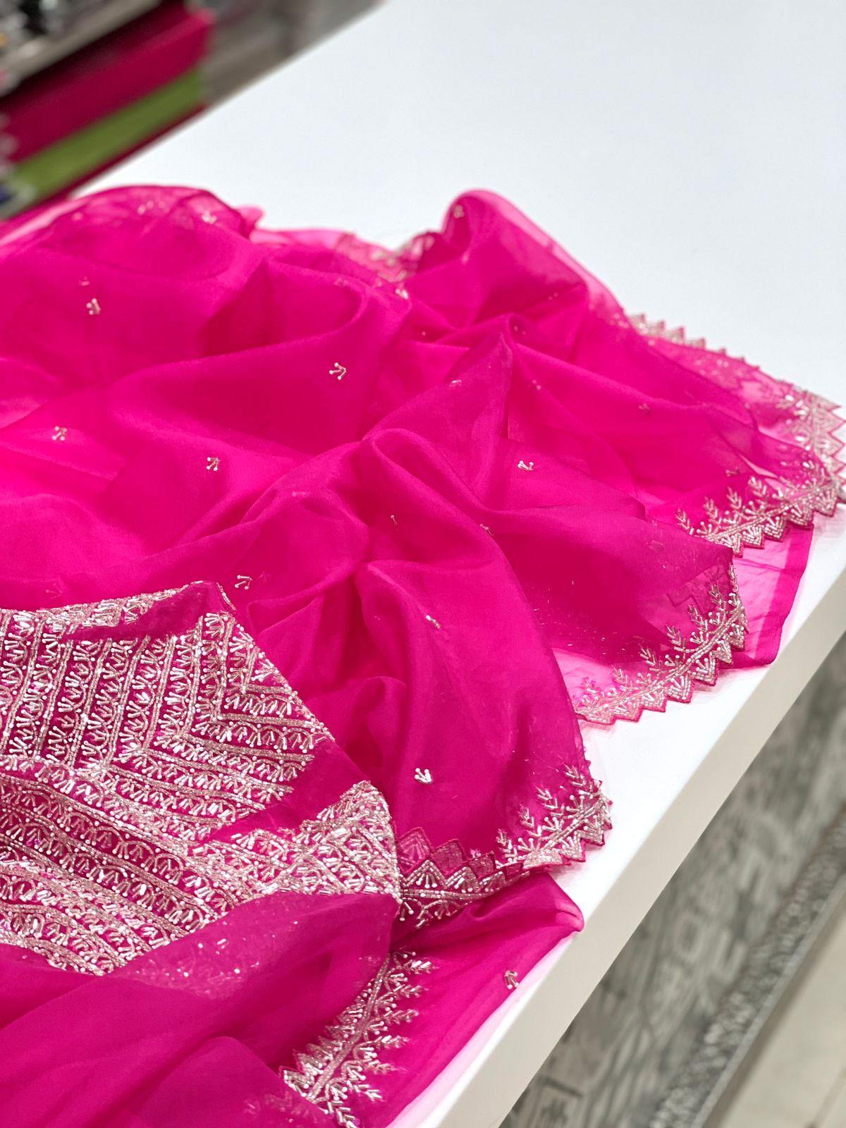 Rani Pink Organza Heavy Blouse Saree Salli Work
