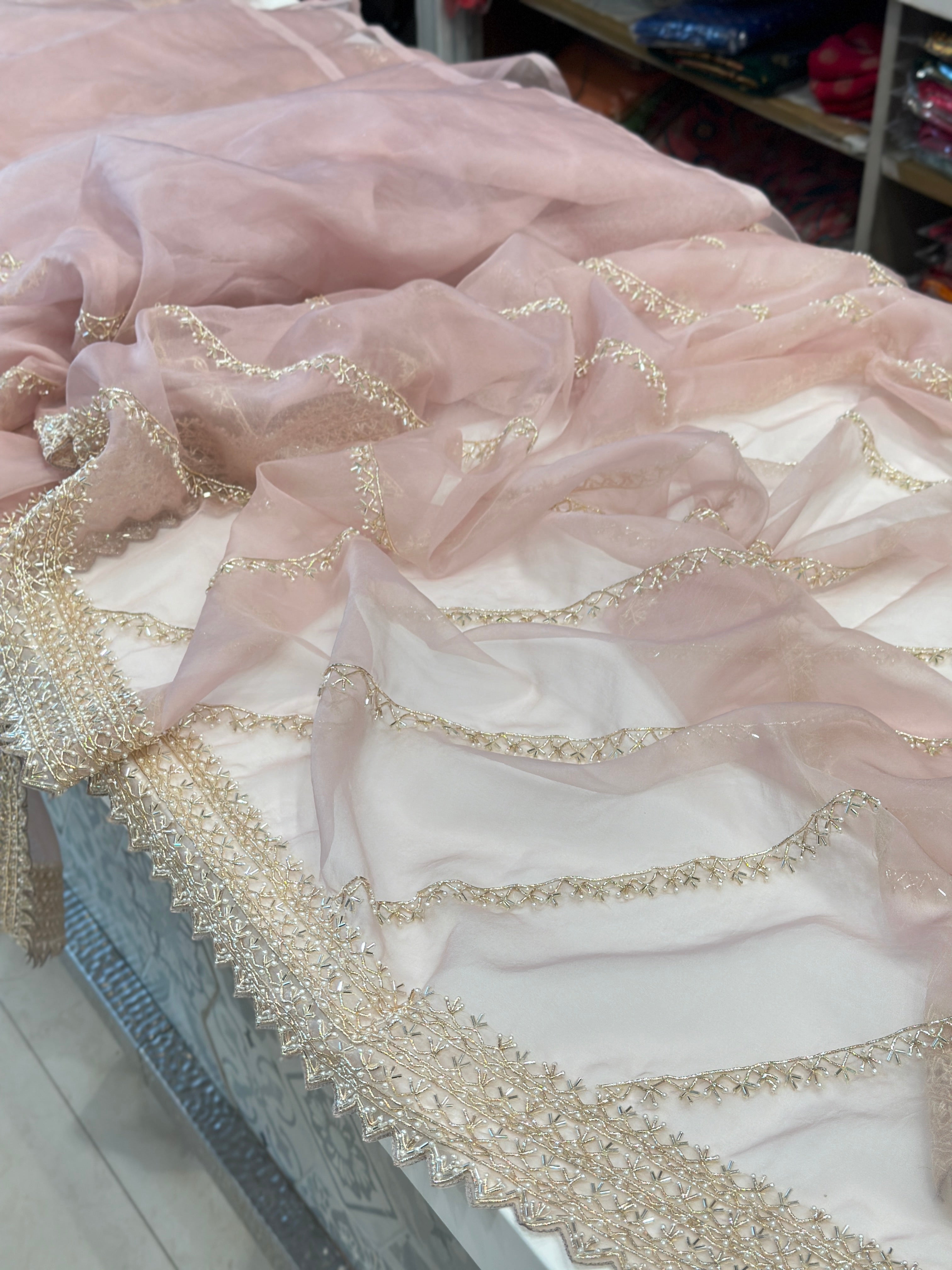 Nude Pink Organza Zardosi Embroidery Saree