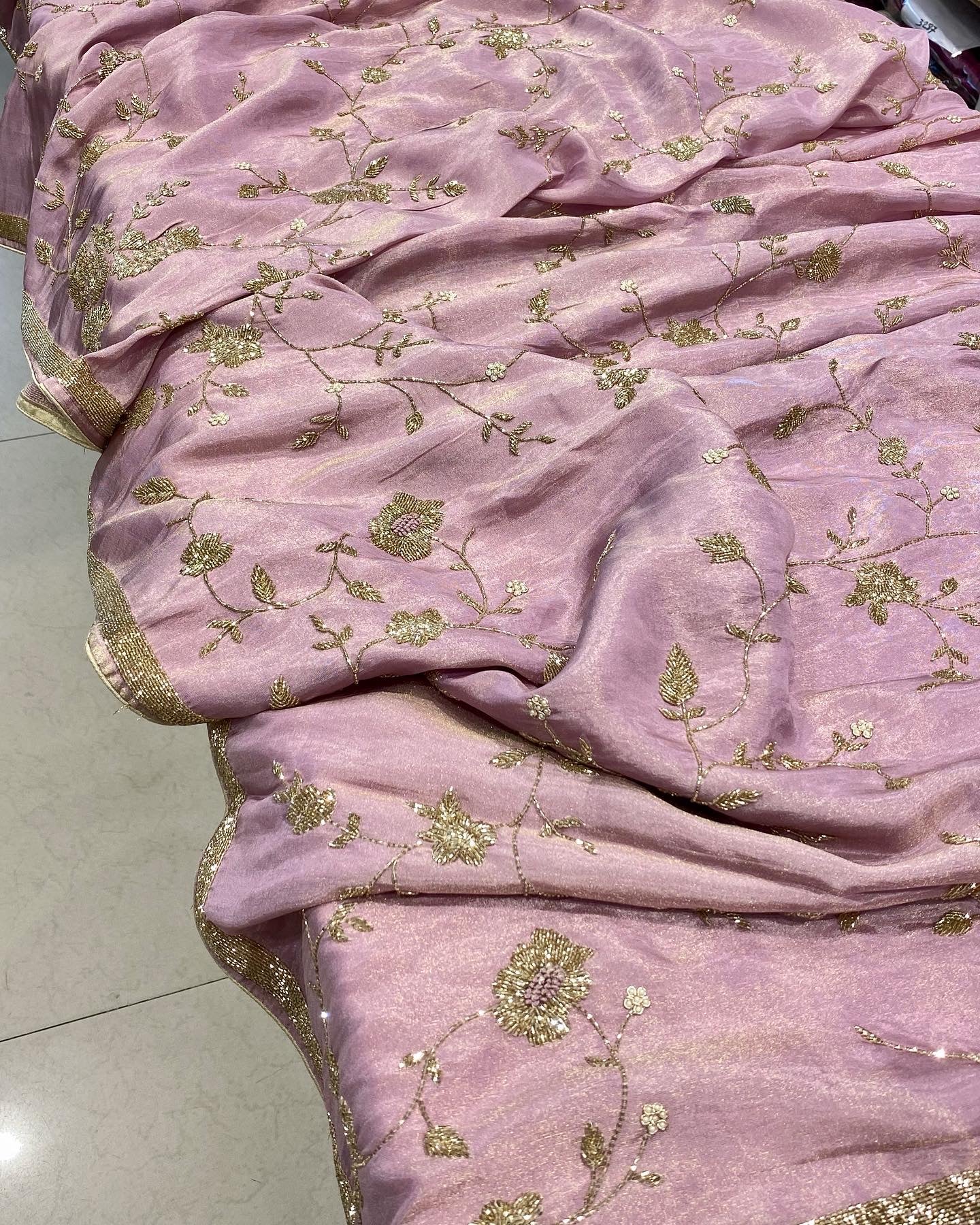 Lilac Silk Tissue Hand Embroidery Saree