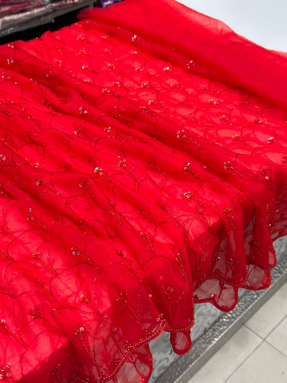 Red on Red Moti Sequin Hand Embroidery Organza Saree