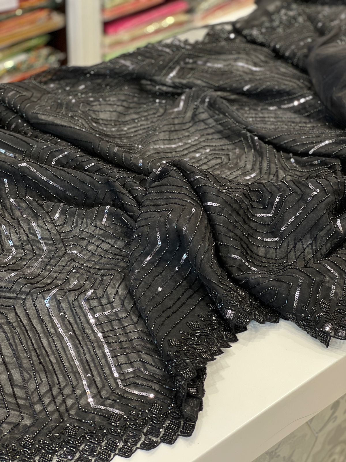 Black Organza Sequin Moti Embroidery Saree