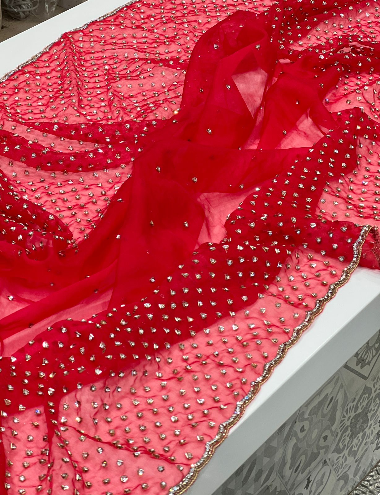 Red Organza Salli Stone Hand Embroidery Saree