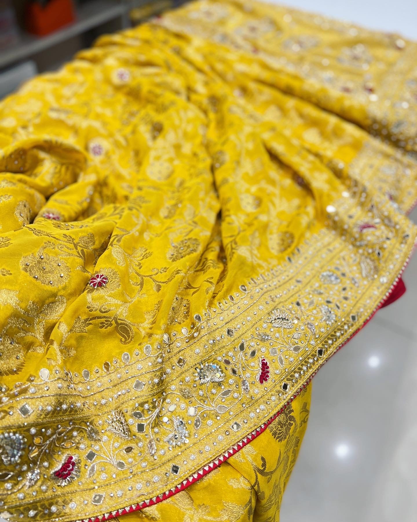 Yellow Banarasi Georgette Mirror Resham Embroidery Saree
