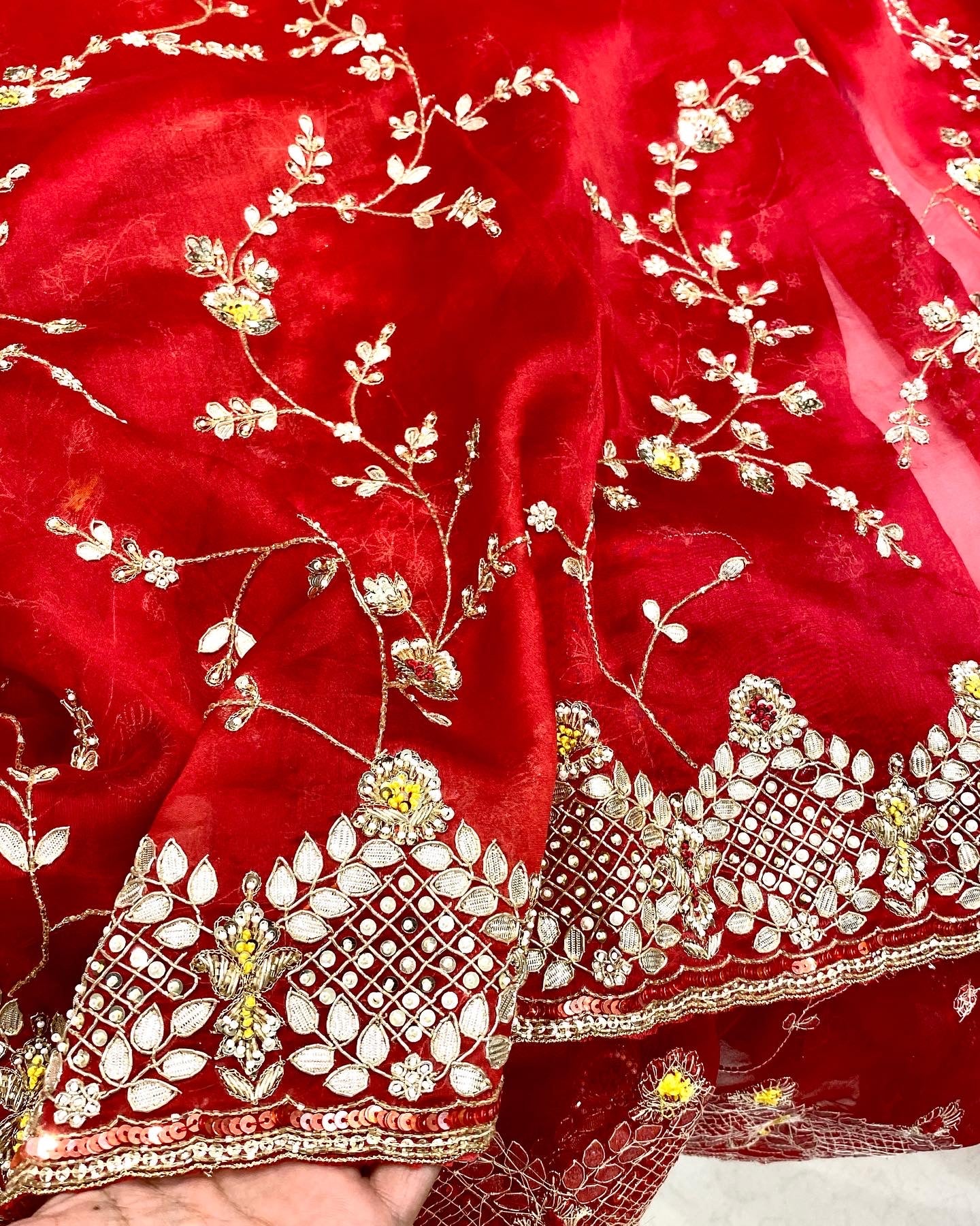 Red Hand Embroidery Organza Saree
