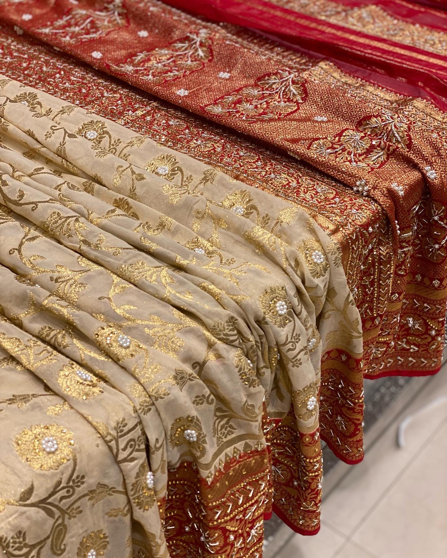 Beige Red Georgette Jaal Embroidery Saree