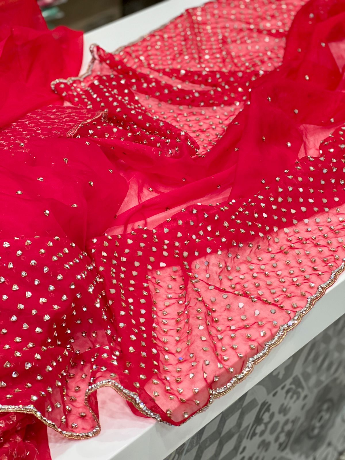 Red Organza Salli Stone Hand Embroidery Saree