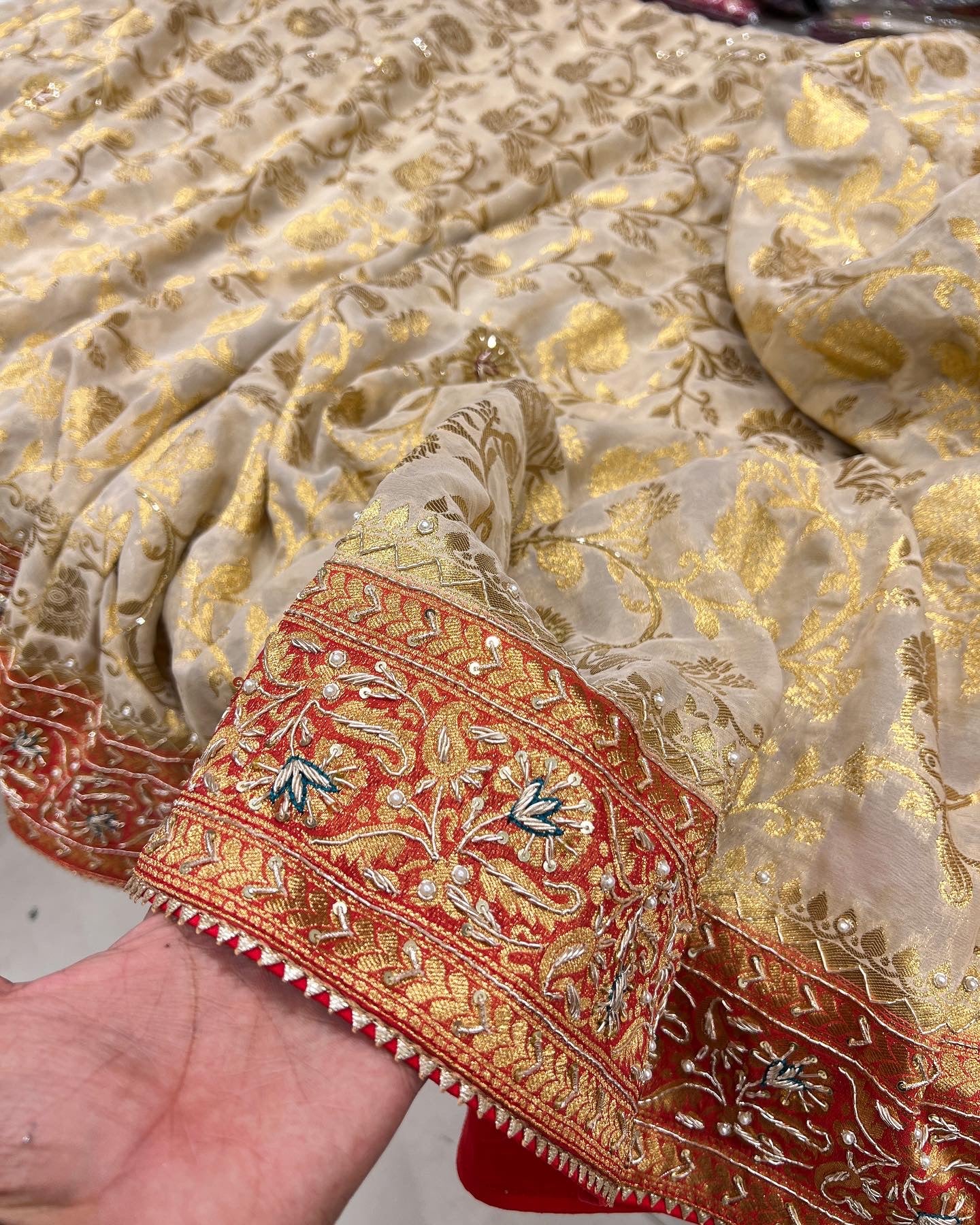 Beige Red Banarasi Khaddi Georgette Zardosi Saree