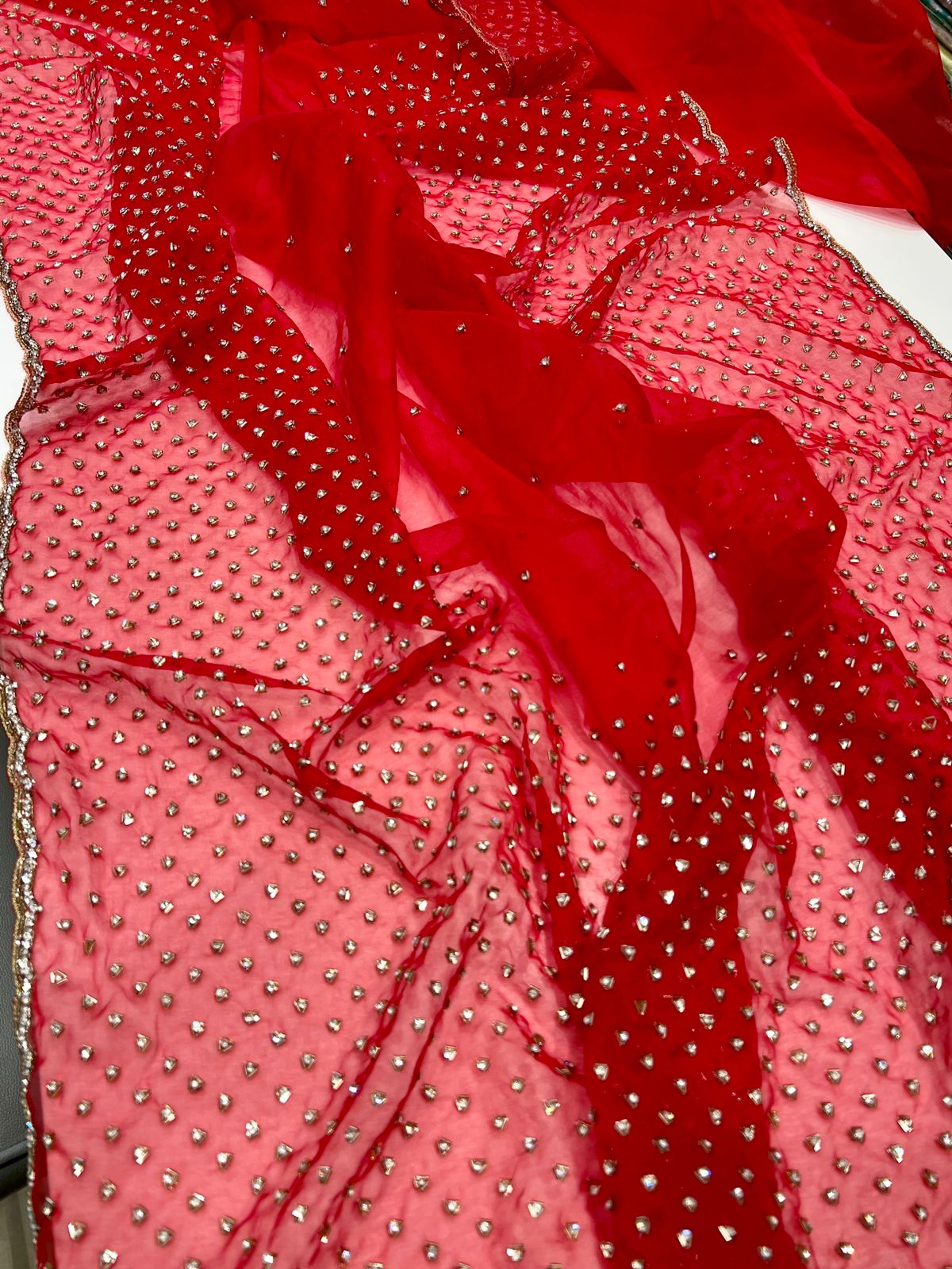 Red Organza Salli Stone Hand Embroidery Saree