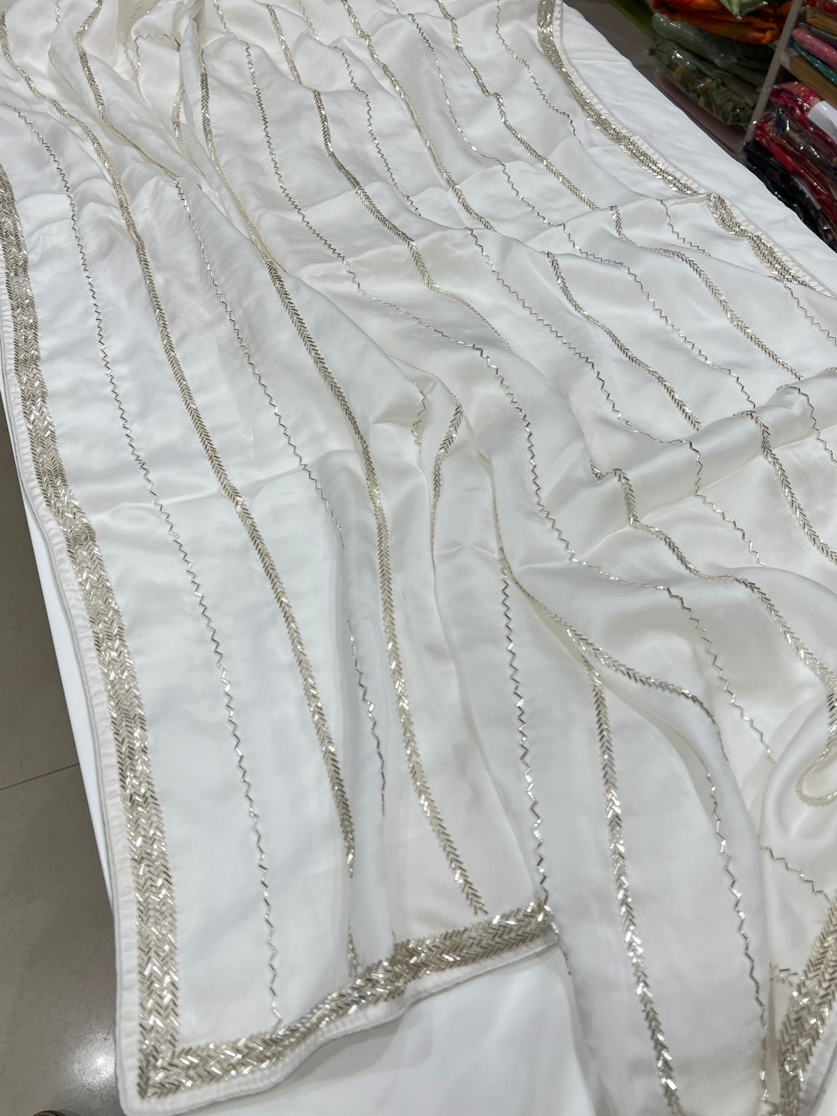 White Satin Organza Salli Hand Embroidery Saree