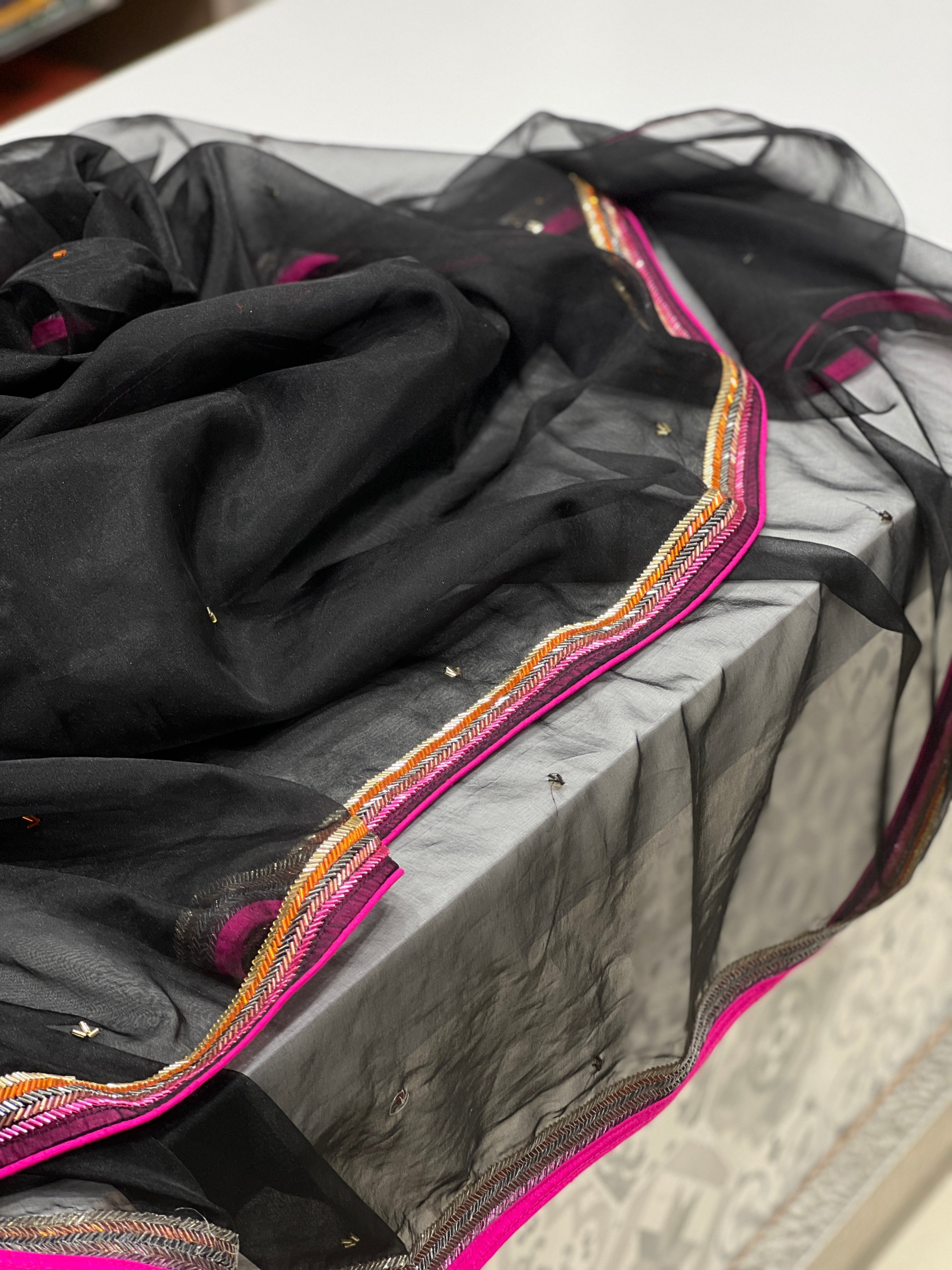Black Organza Hand Embroidery Heavy Blouse Saree