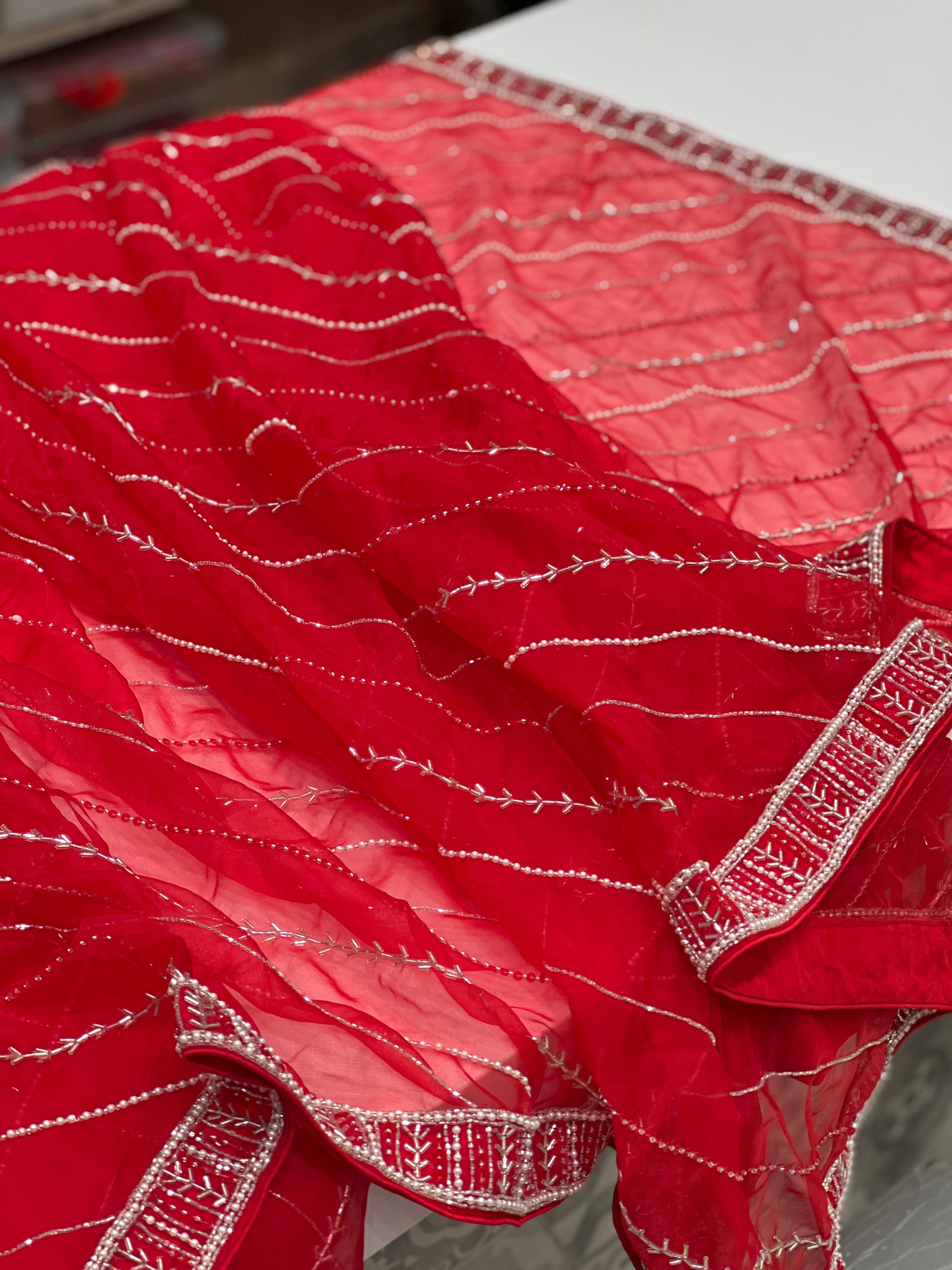 Red Organza Sequin Moti Leheriya Embroidery Saree