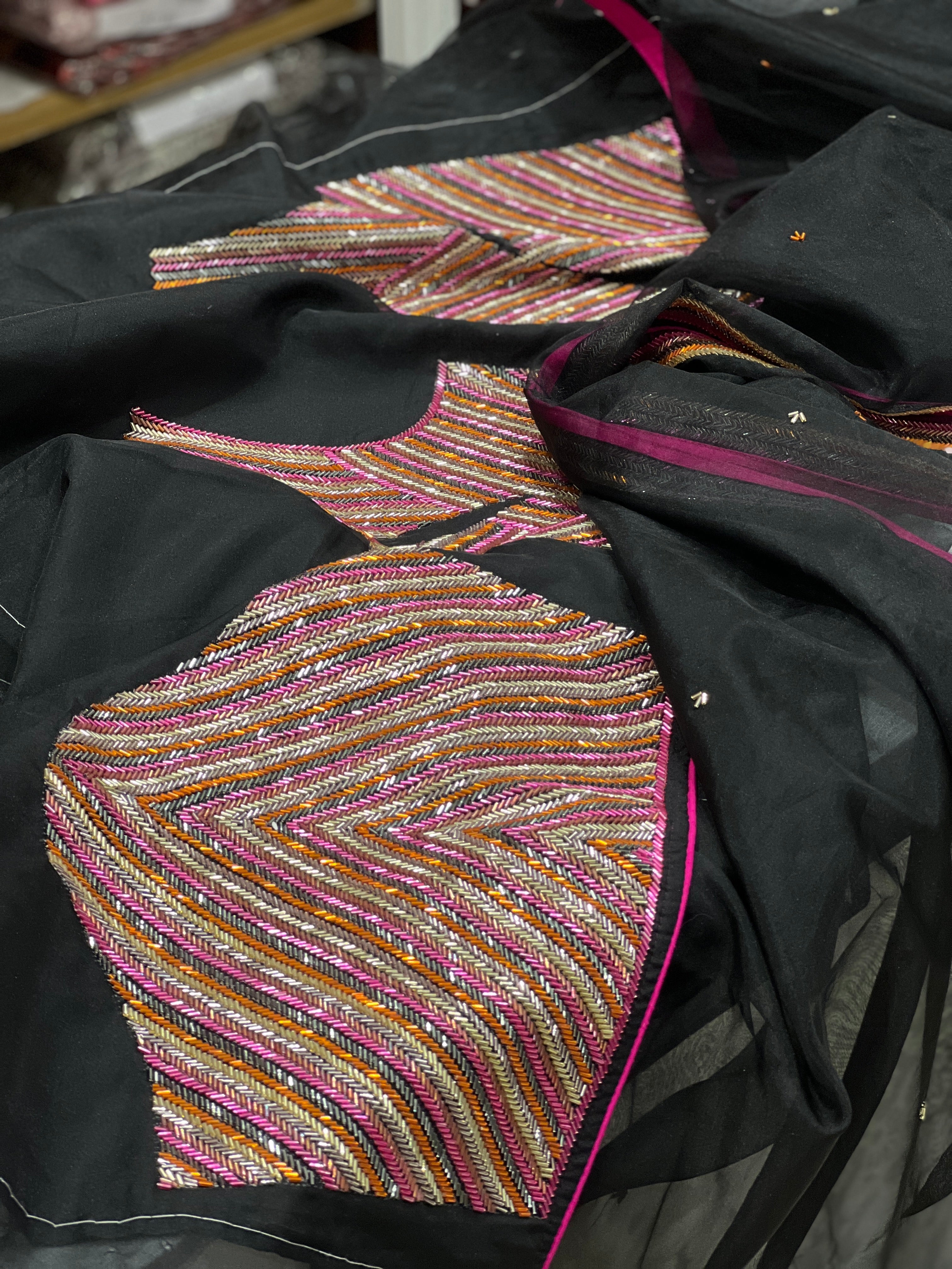 Black Organza Hand Embroidery Heavy Blouse Saree