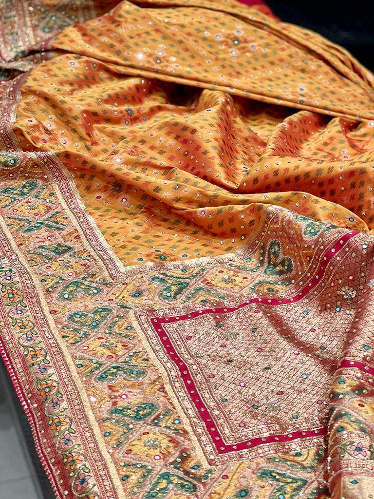 Mustard Patola Saree Kutchi Embroidery