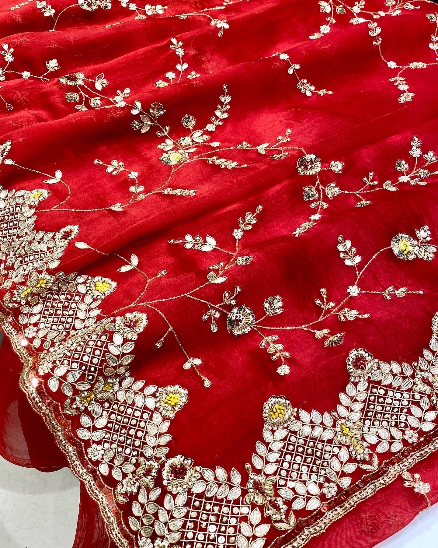 Red Hand Embroidery Organza Saree