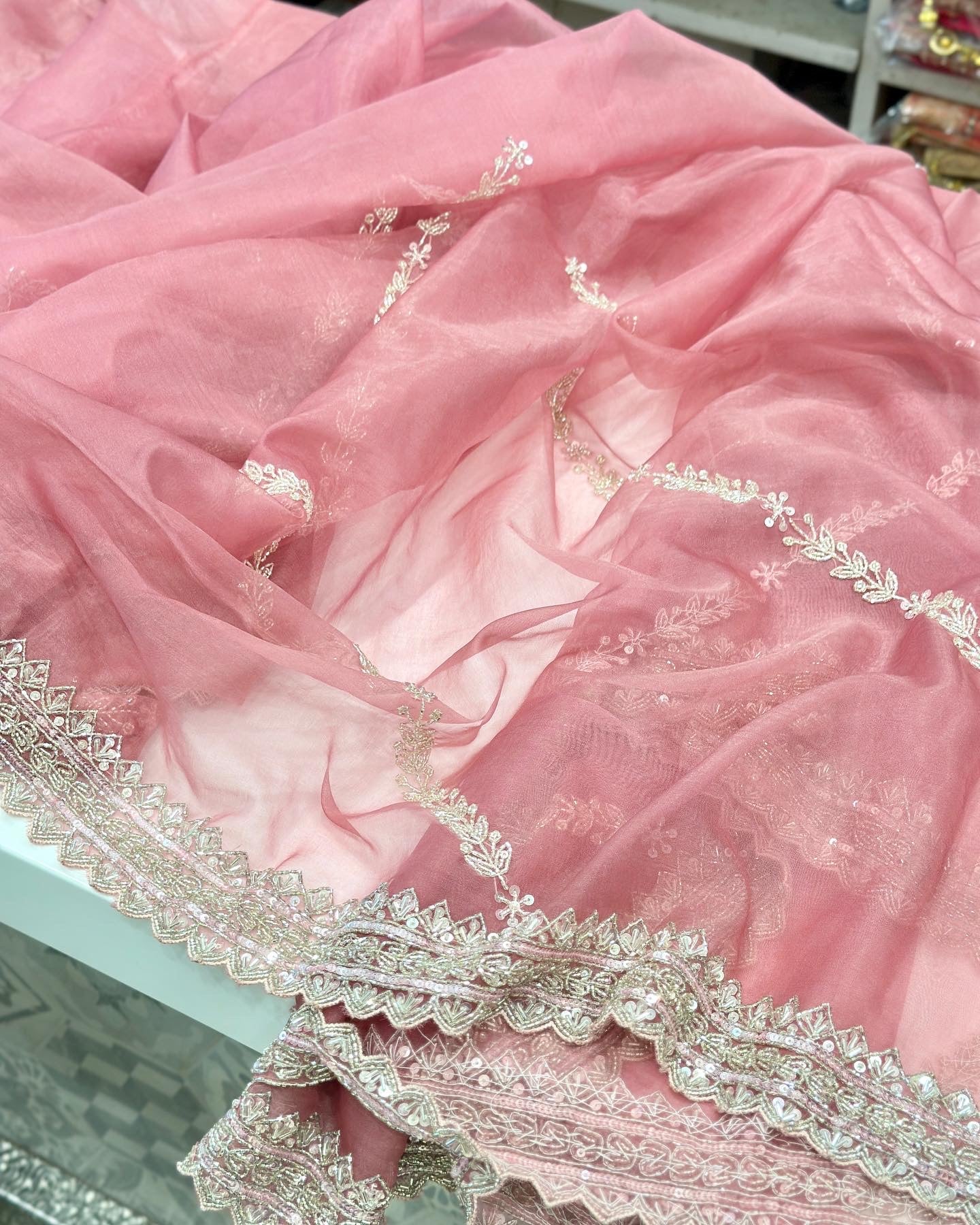 Nude Pink Organza Hand Embroidery Saree Heavy Blouse