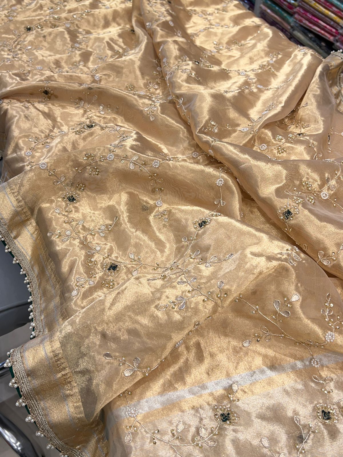 Gold Tissue Embroidery Green Zardozi Saree