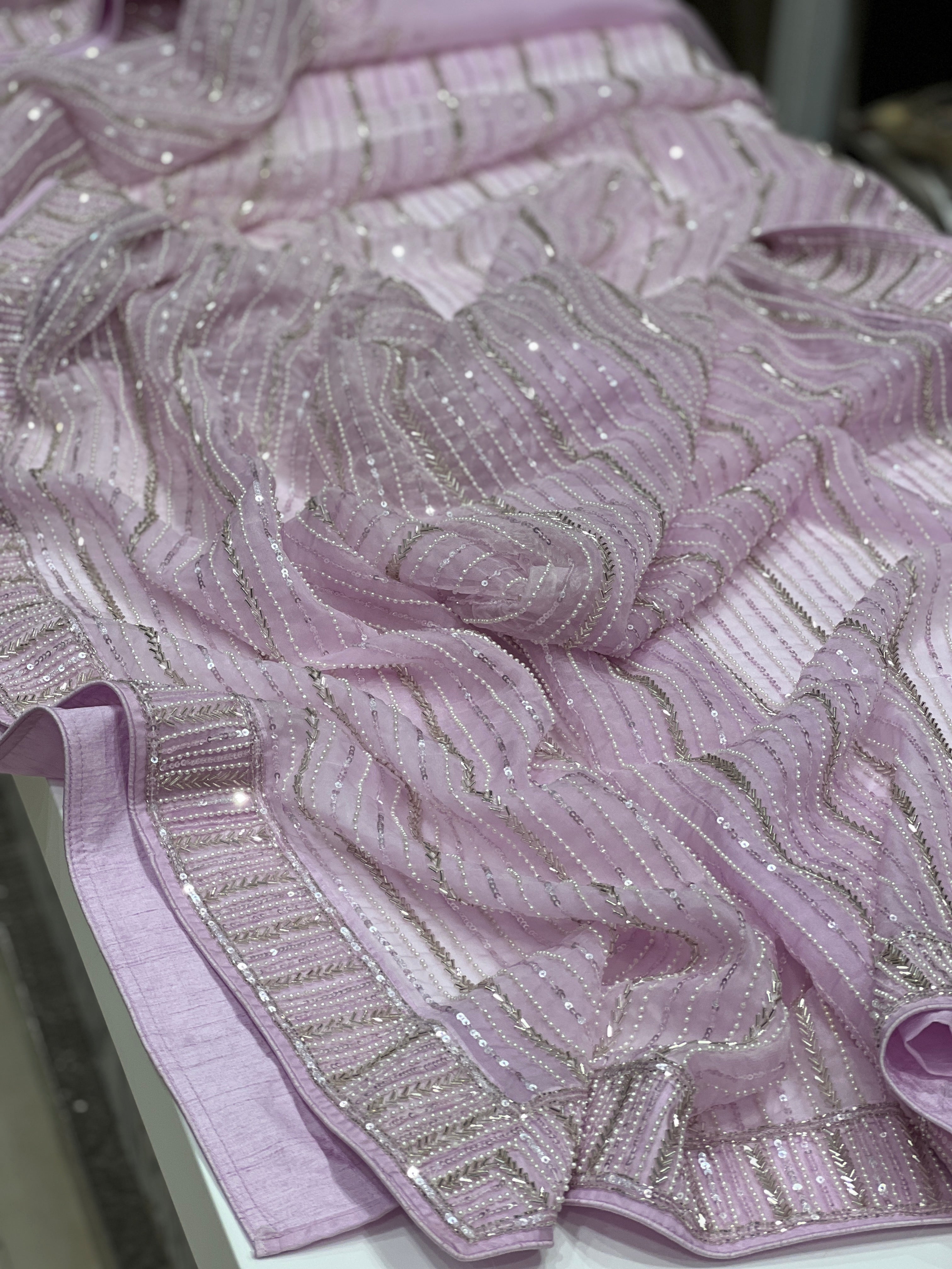 Lilac Organza Sequin Moti Heavy Blouse Saree