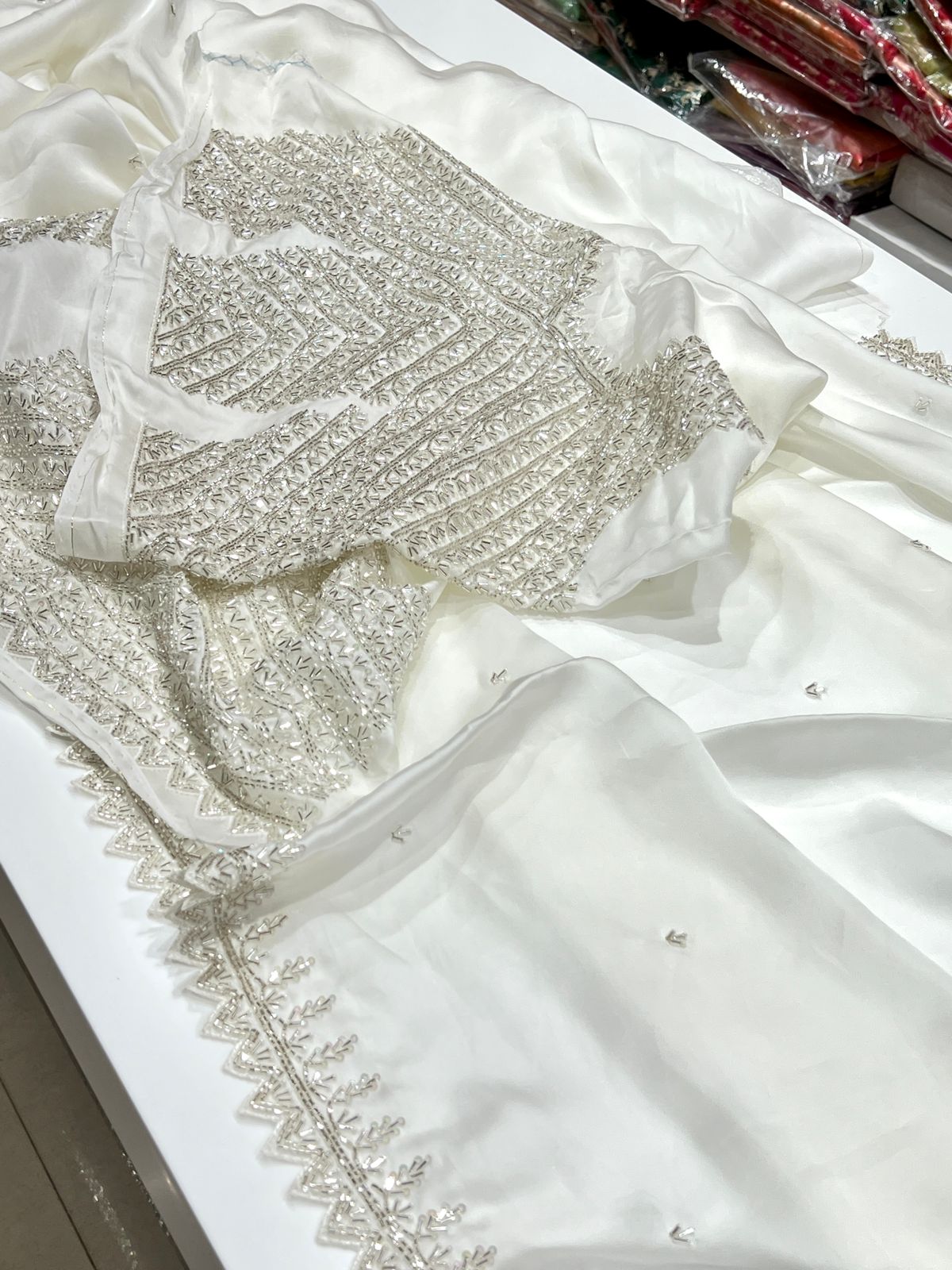 White Satin Organza Heavy Blouse Saree
