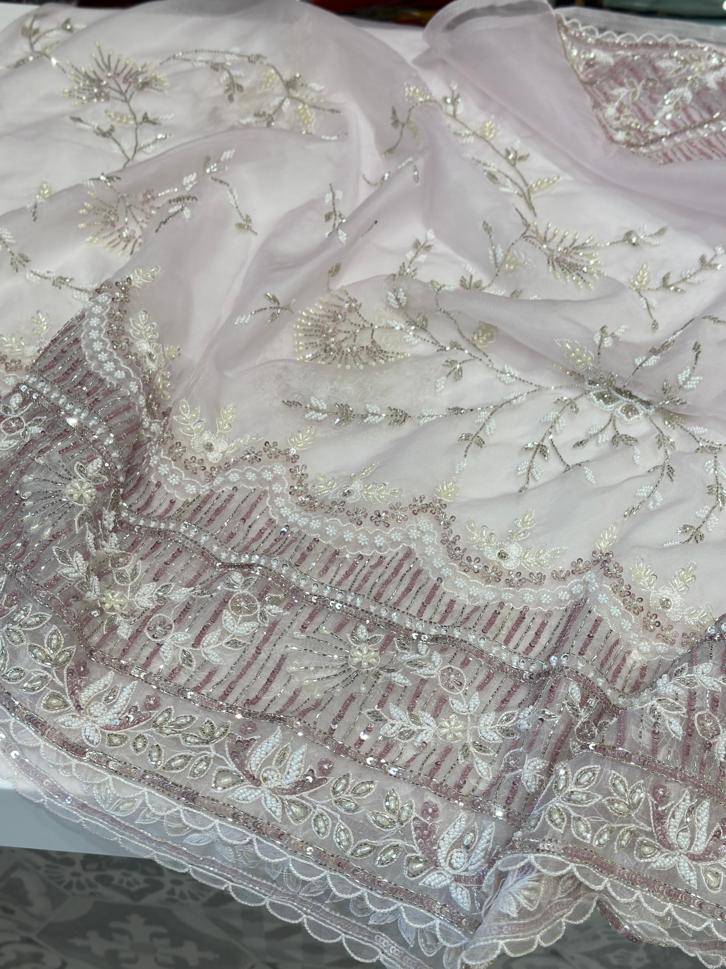 Lilac Organza Hand Embroidery Saree