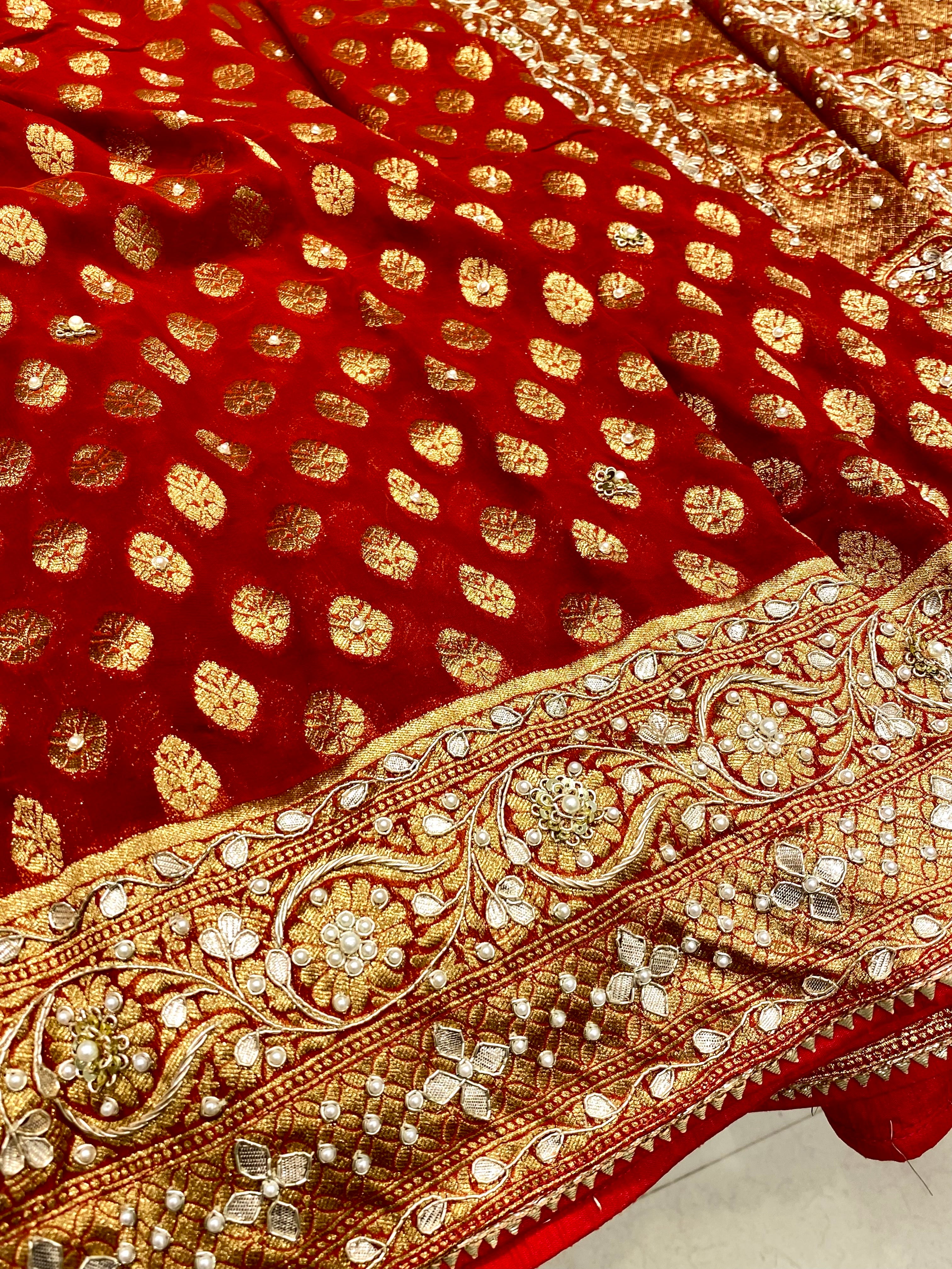 Red Banarasi Buttis with Hand Embroidery Georgette Saree