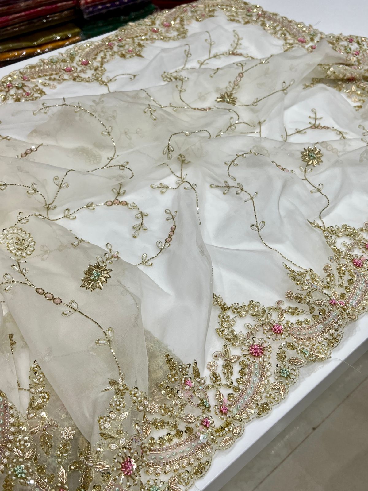 White Organza Zardosi Knot Hand Embroidery Saree