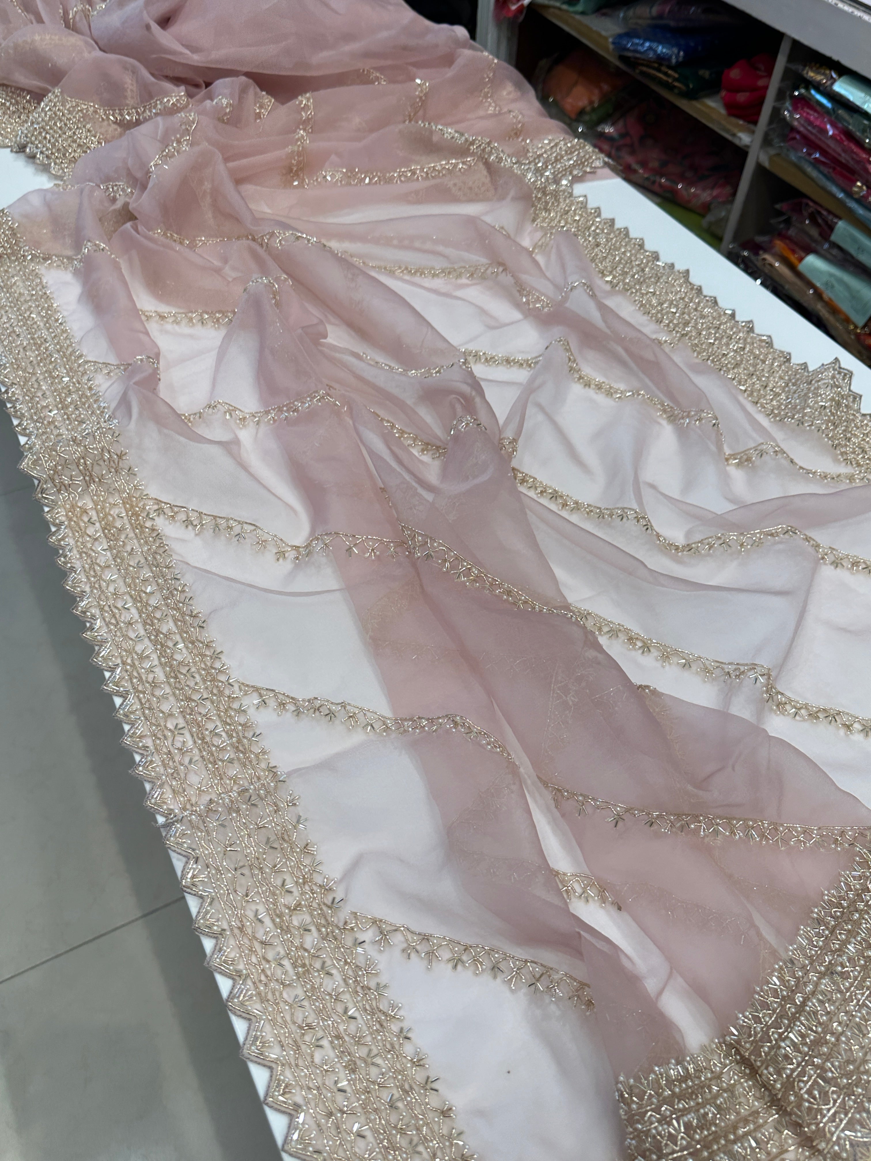 Nude Pink Organza Zardosi Embroidery Saree