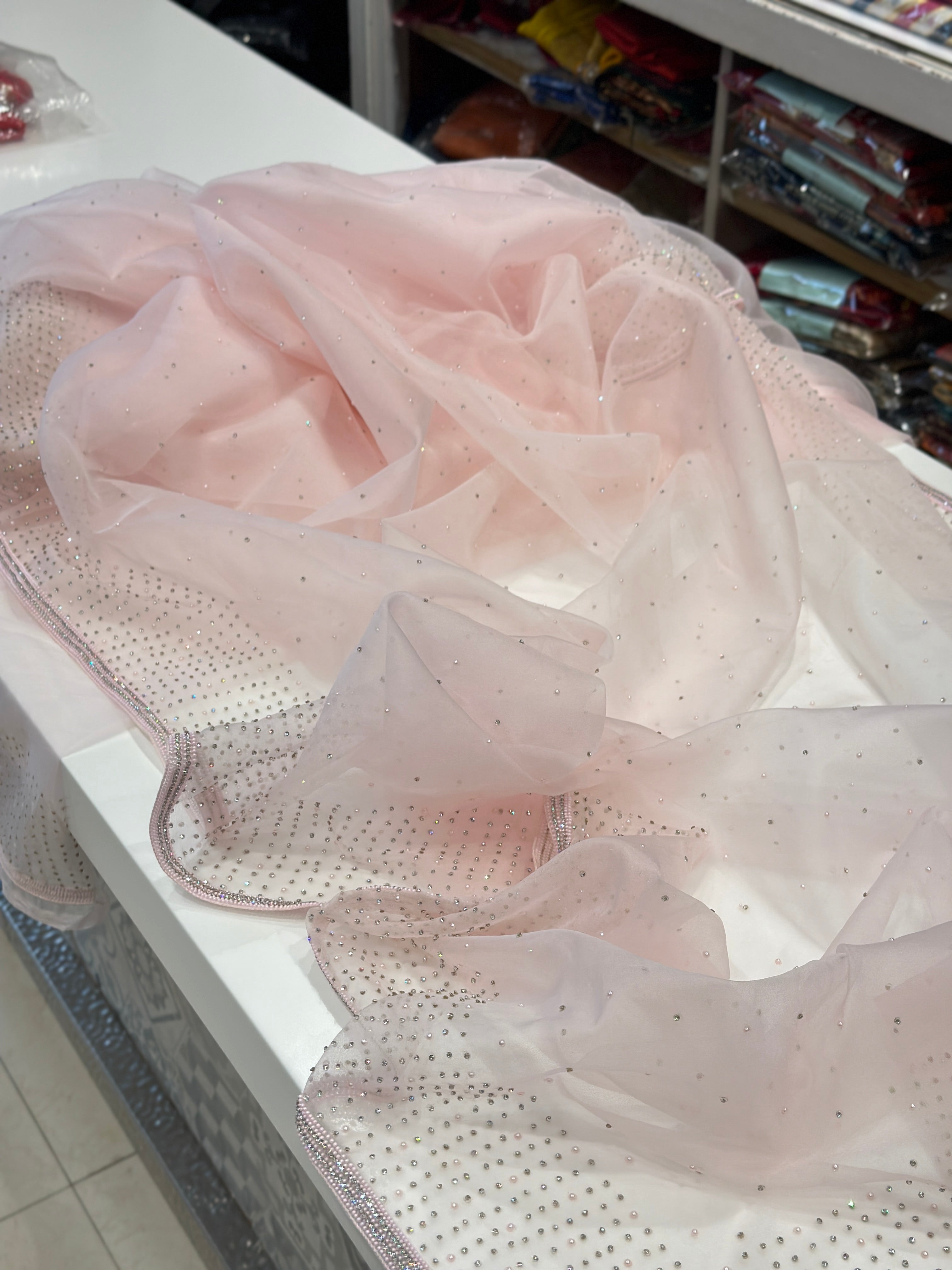 Pink Organza Moti And Stone Saree