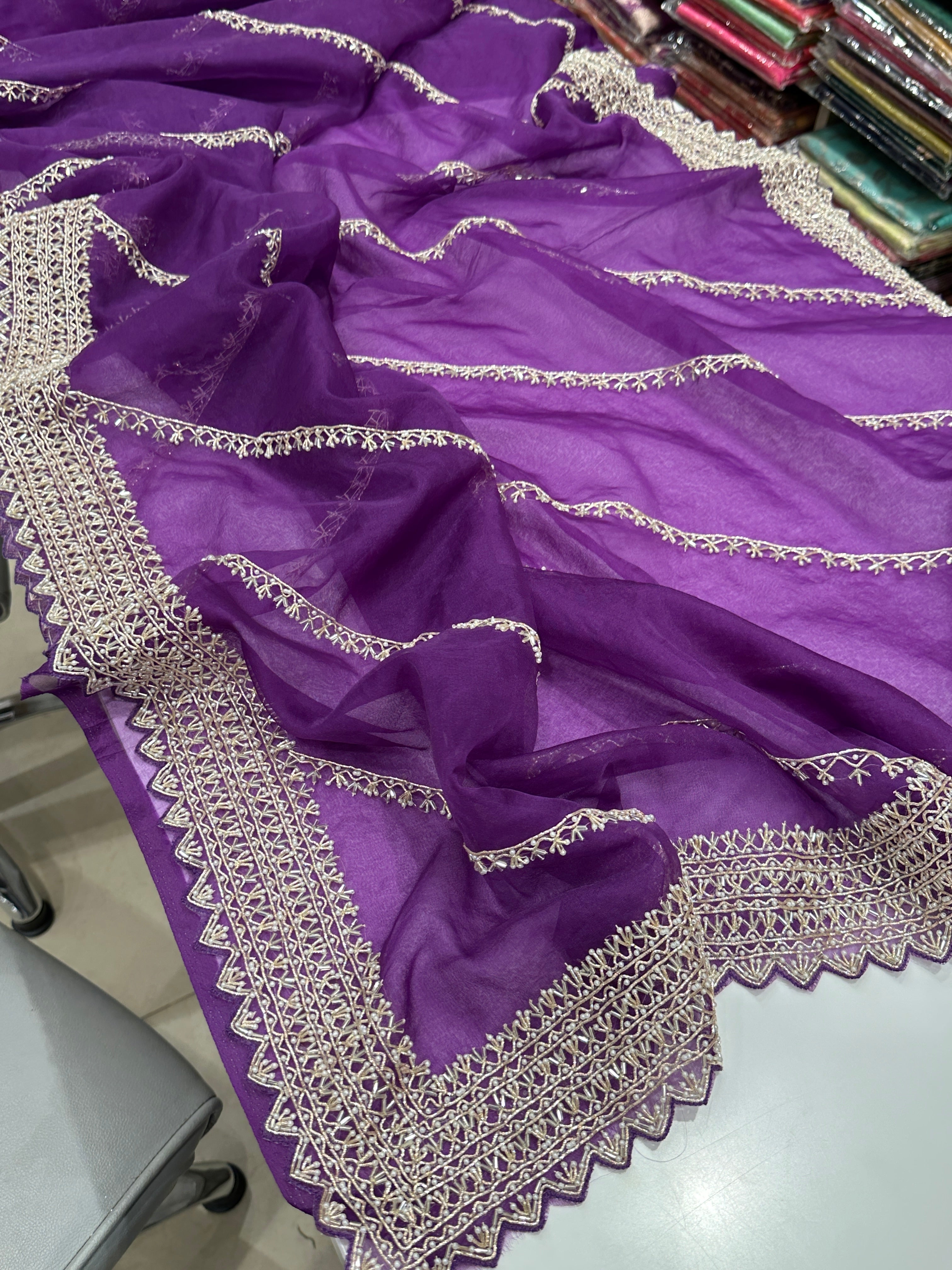 Violet Organza Zardosi Hand Embroidery Saree