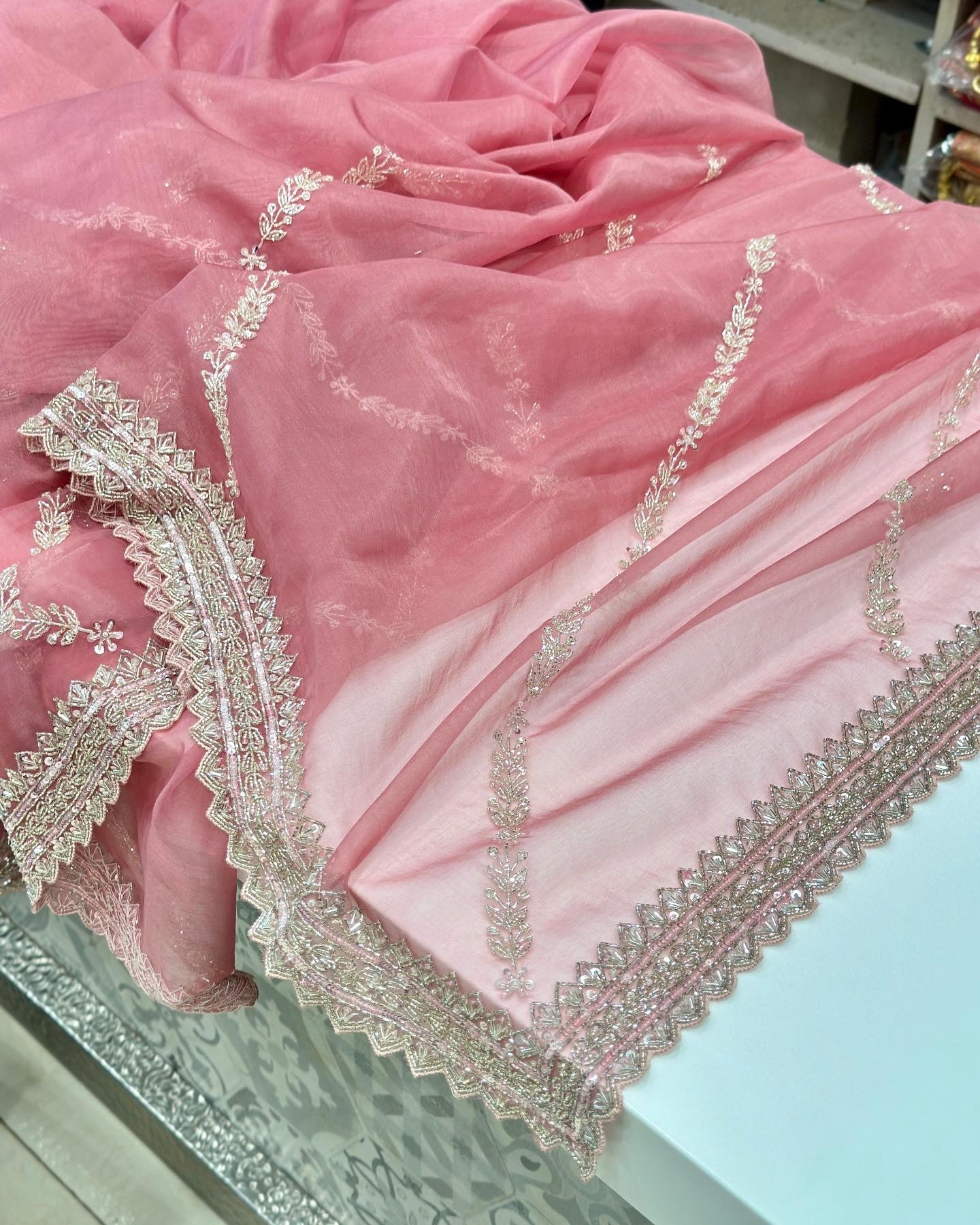 Nude Pink Organza Hand Embroidery Saree Heavy Blouse