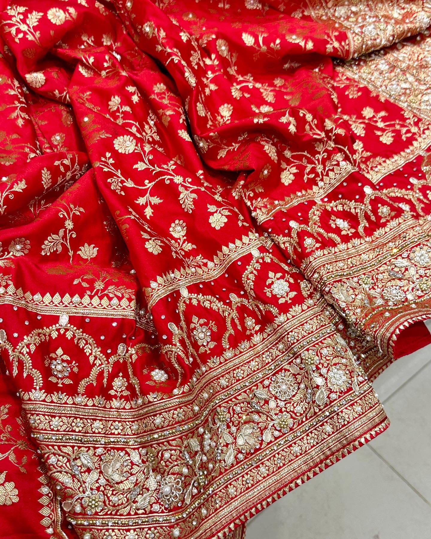 Red Banarasi Silk Crown Border Silk Embroidery Saree