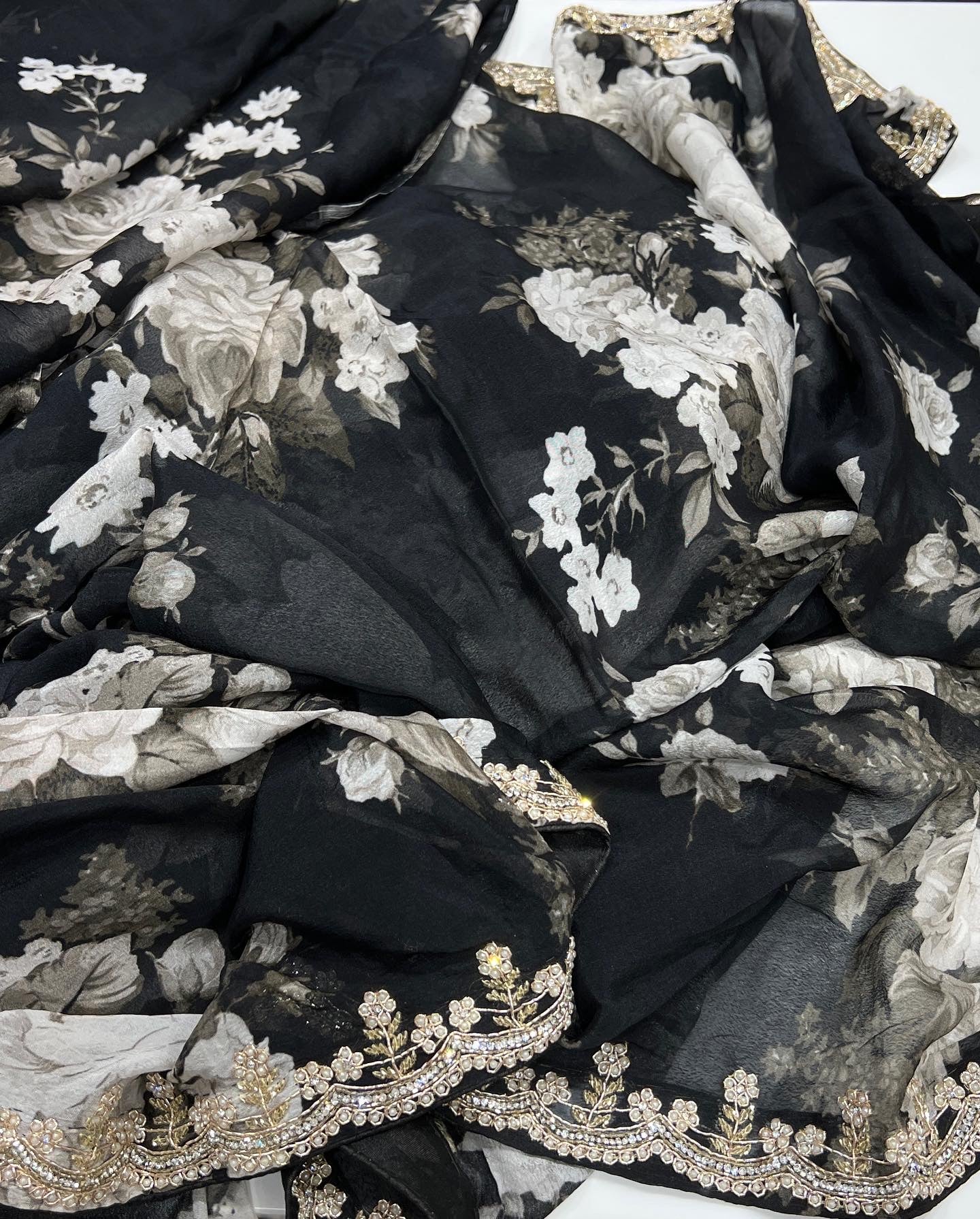 Printed Chiffon Hand Embroidery b/w
