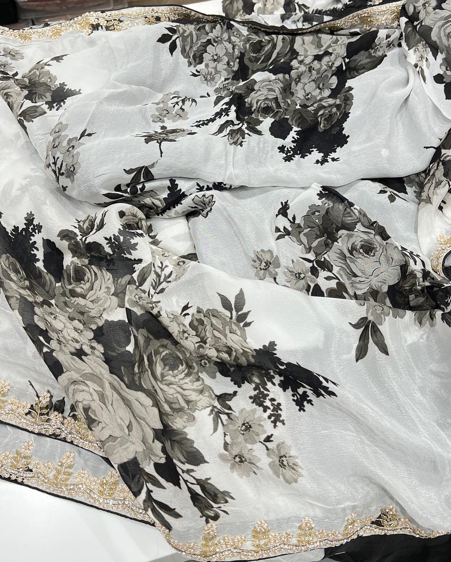 Printed Chiffon Hand Embroidery b/w