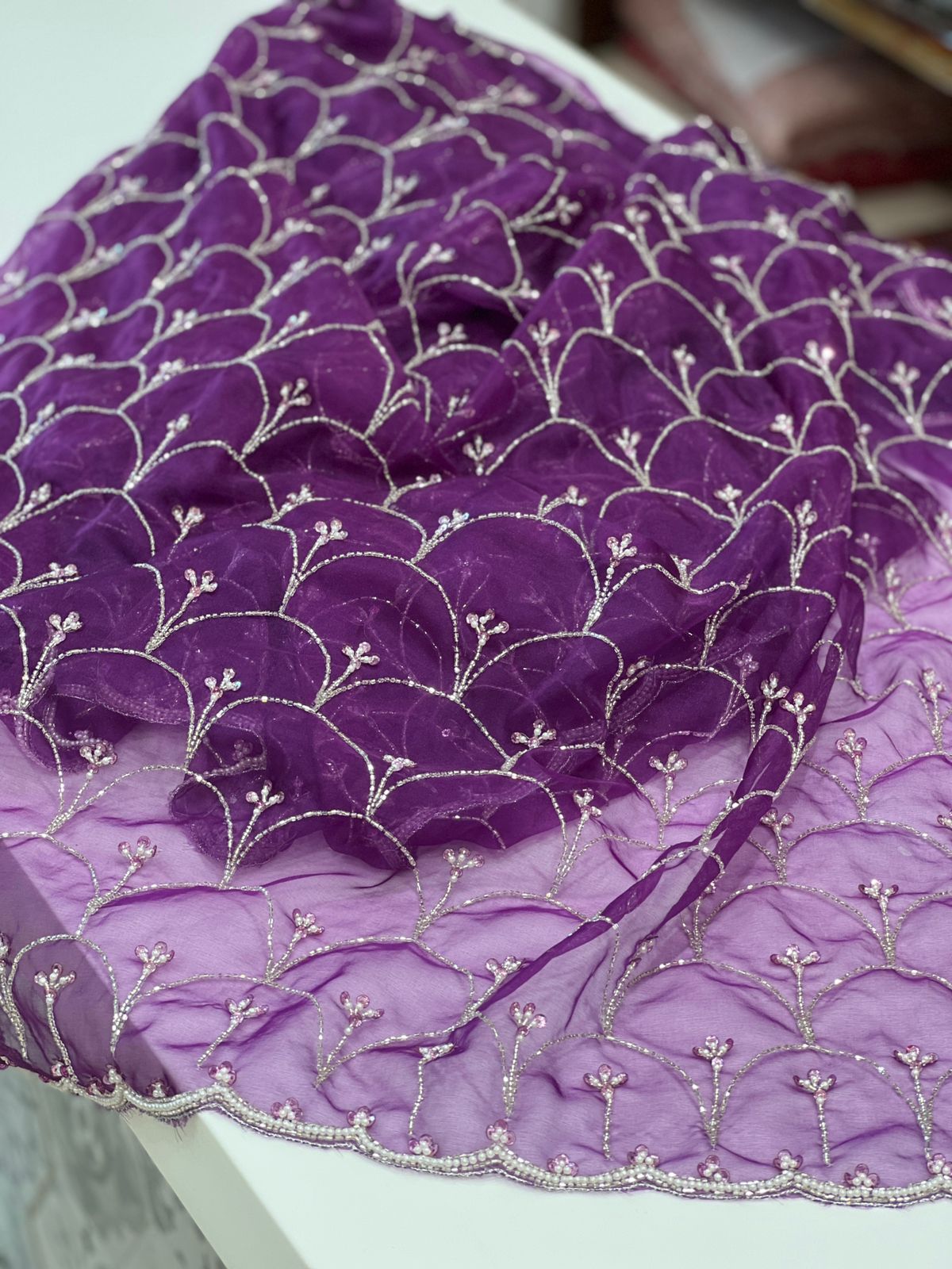 Violet Organza Moti Sequin Hand Embroidery Saree