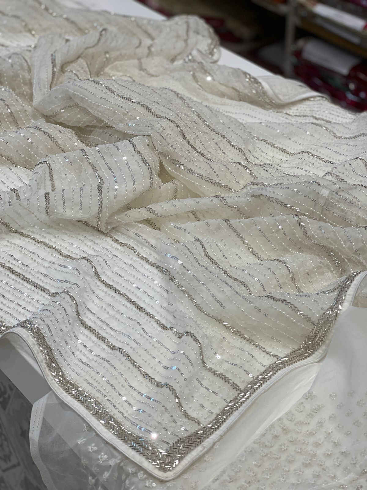 White Organza Moti Salli Hand Embroidery Saree
