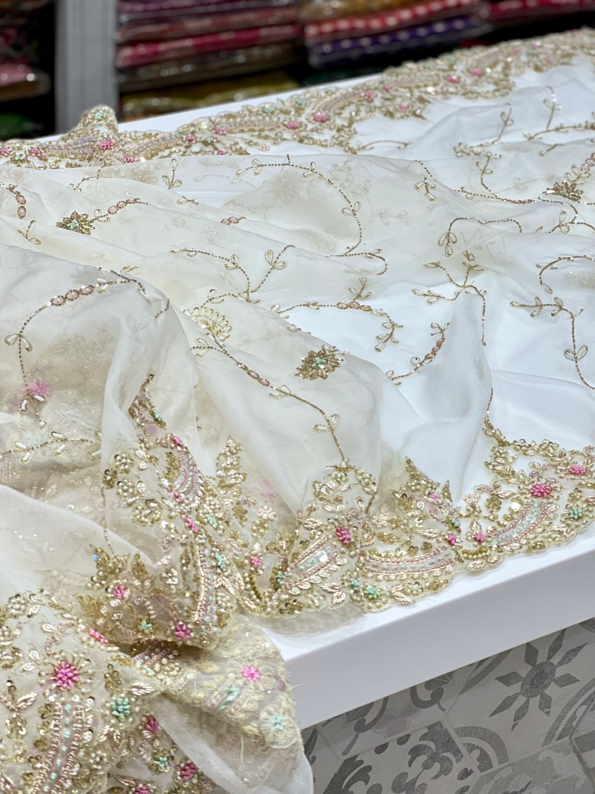 White Organza Zardosi Knot Hand Embroidery Saree